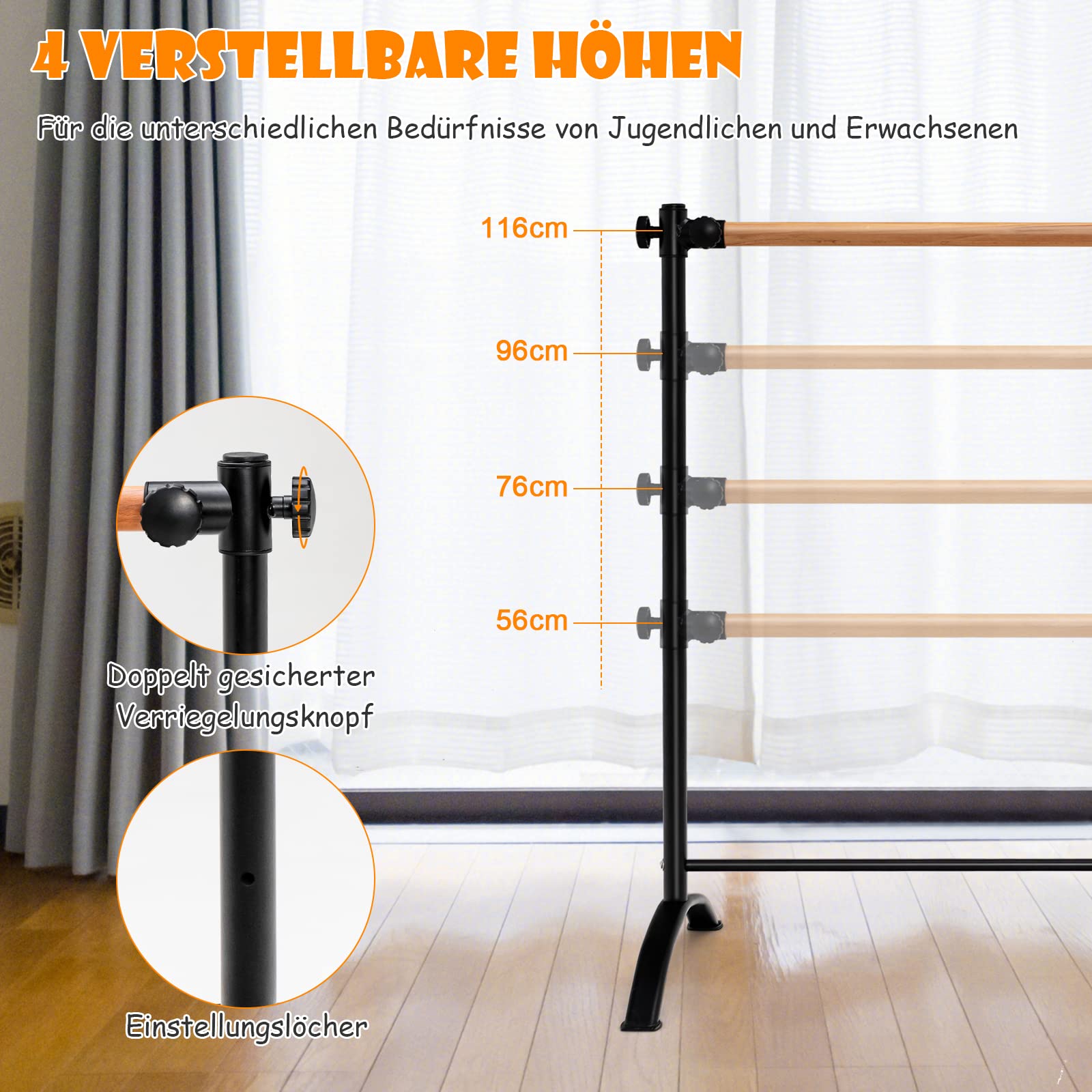 GYMAX Freistehende Ballettstange 121 cm, tragbare Ballettausrüstung, höhenverstellbare Tanzstange für Stretching & Tanztraining, Ballettstangenhalter für Zuhause, Studio & Schule