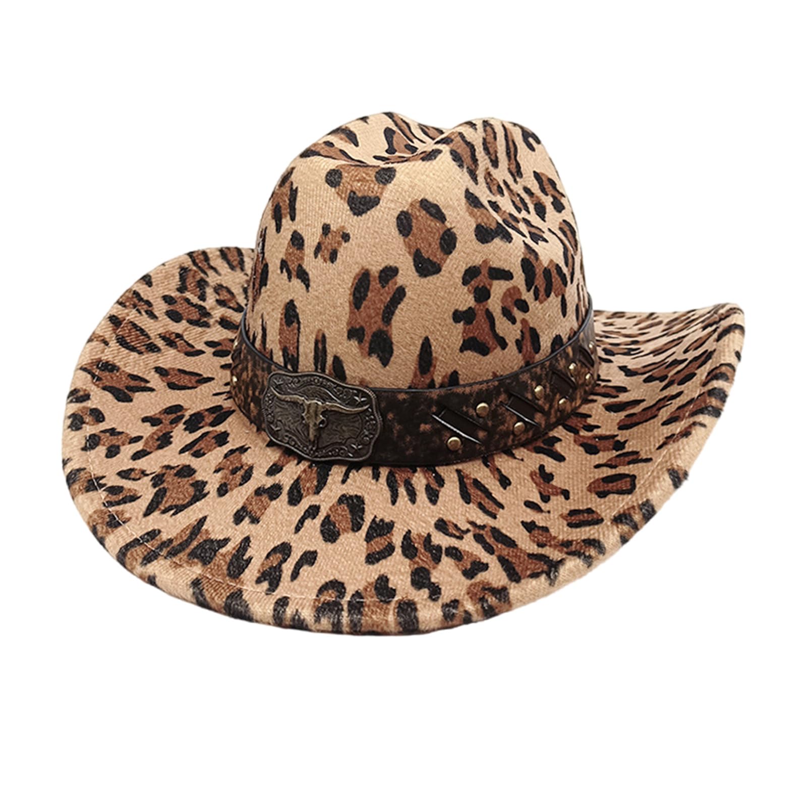 MICFENY Antique Wide Brims Fedoras Hat with Cow Pattern Cow Head Western Theme Hat for Camping Horseback Ridings