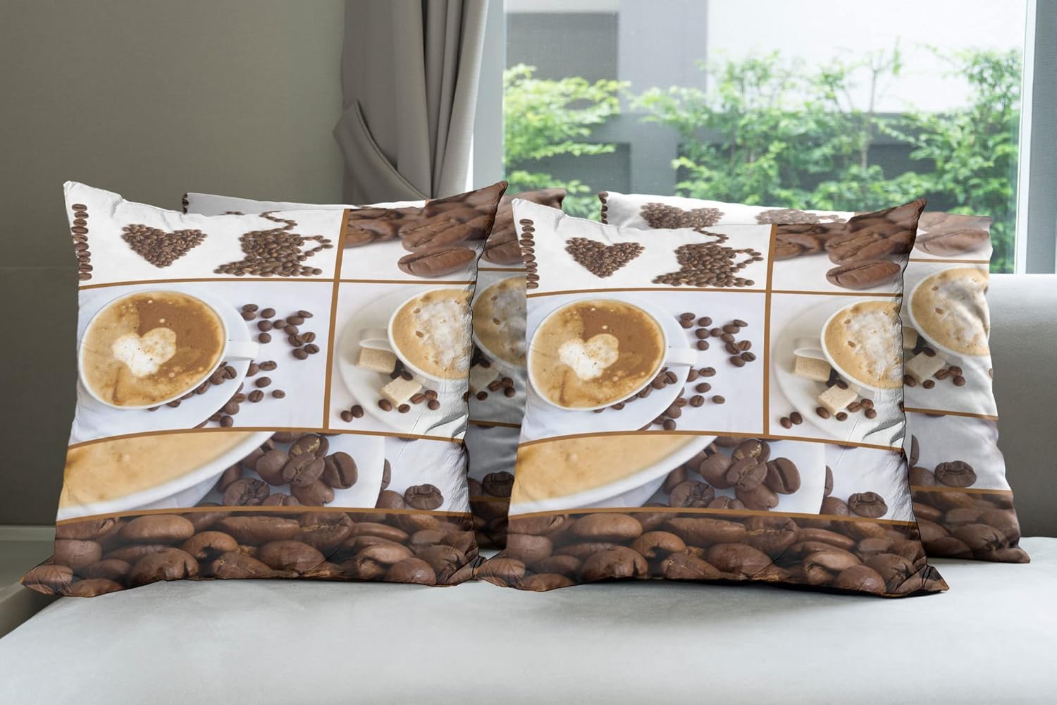 Ambesonne Coffee Throw Pillow Cushion Case Pack of 4, Themed Collage of Beans Mugs Hot Foamy Drink a Heart Macro Aroma Photo Print, Modern Accent Double-Sided Digital Printing, 24", White Brown
