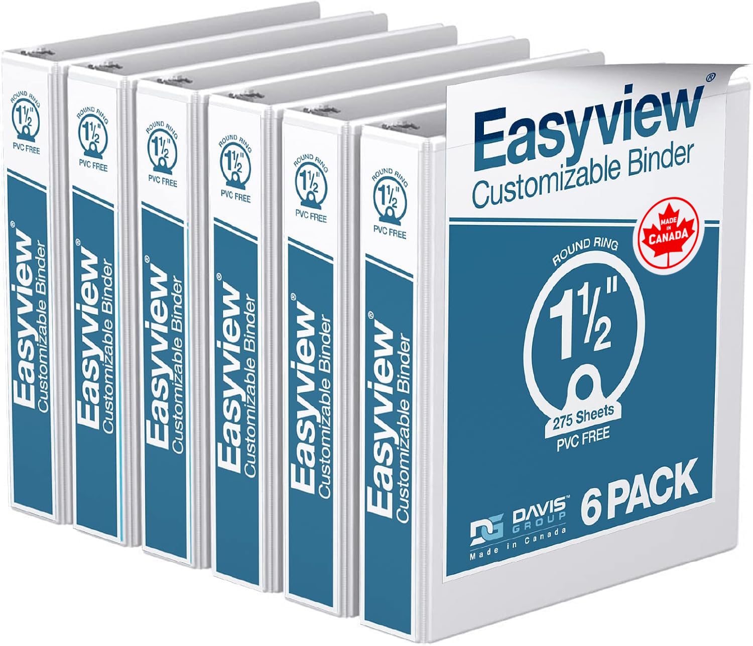 Easyview 3-Ring Binder, Clear-View Cover, 1.5" Round Rings, White, 6 Pack