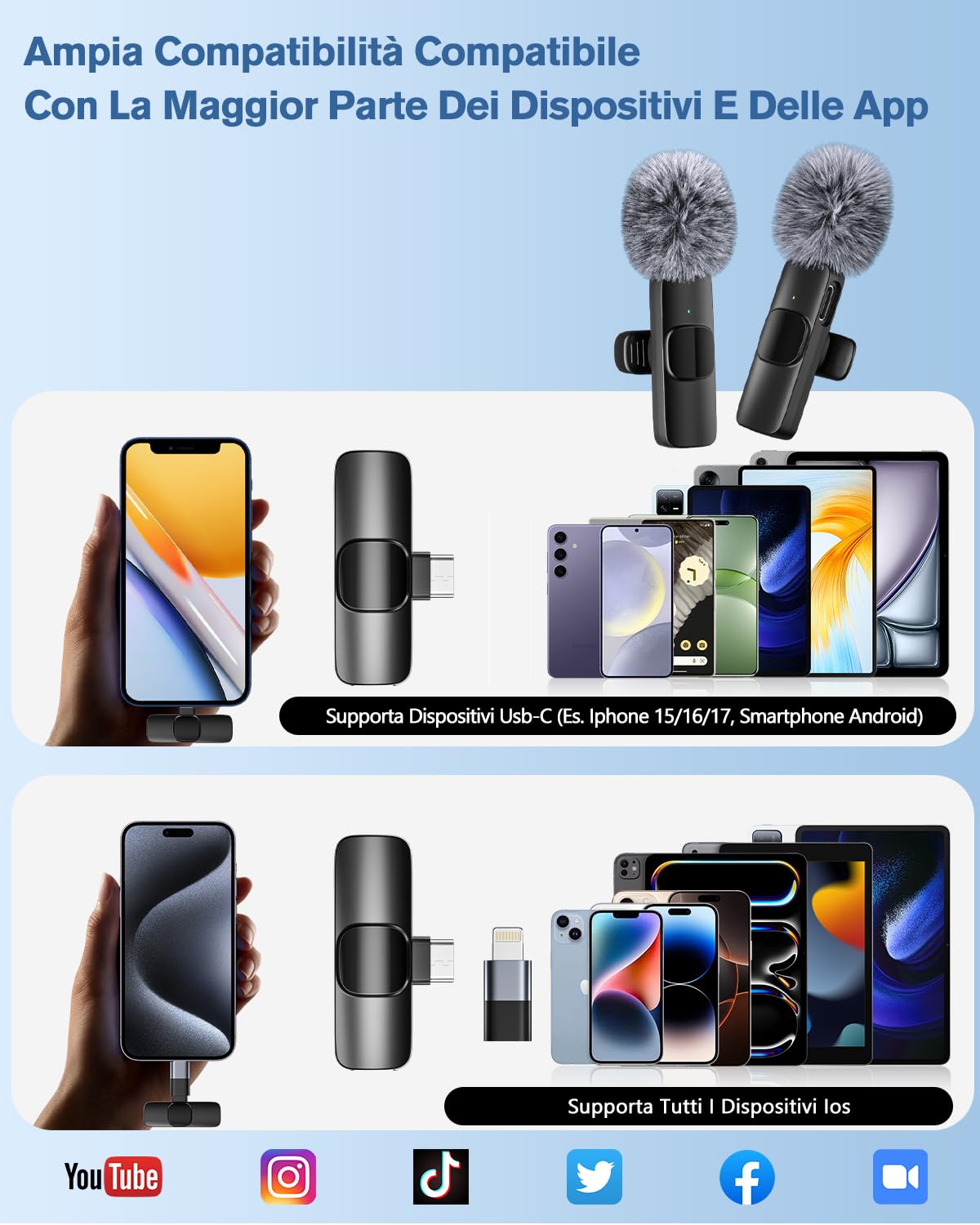 2026 Microfono Lavalier Wireless per iPhone/iPad/Android (Confezione da 2), Mini Microfono con Lightning e USB-C, Cancellazione del Rumore, Plug&Play per Video,Interviste,Podcast,Vlog,TikTok,YouTube