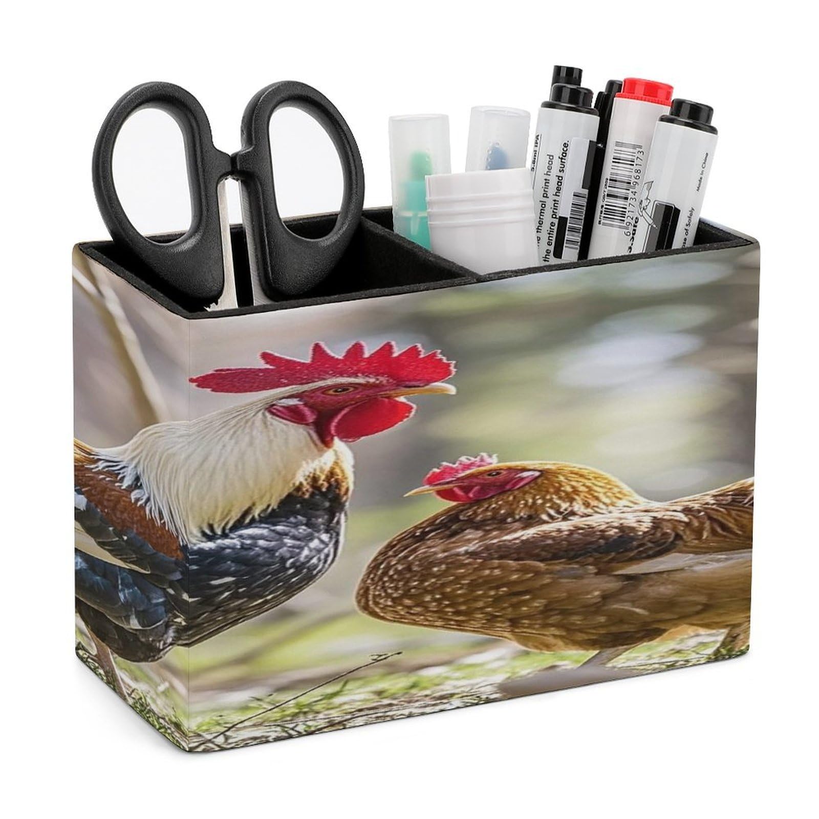 FekiLoot Rooster And Hen Pen Holders for Desk Small Remote Control Holder Leather Pencil Cup with Double Compartments Desktop Organizer for Table Desk Office Space Saving