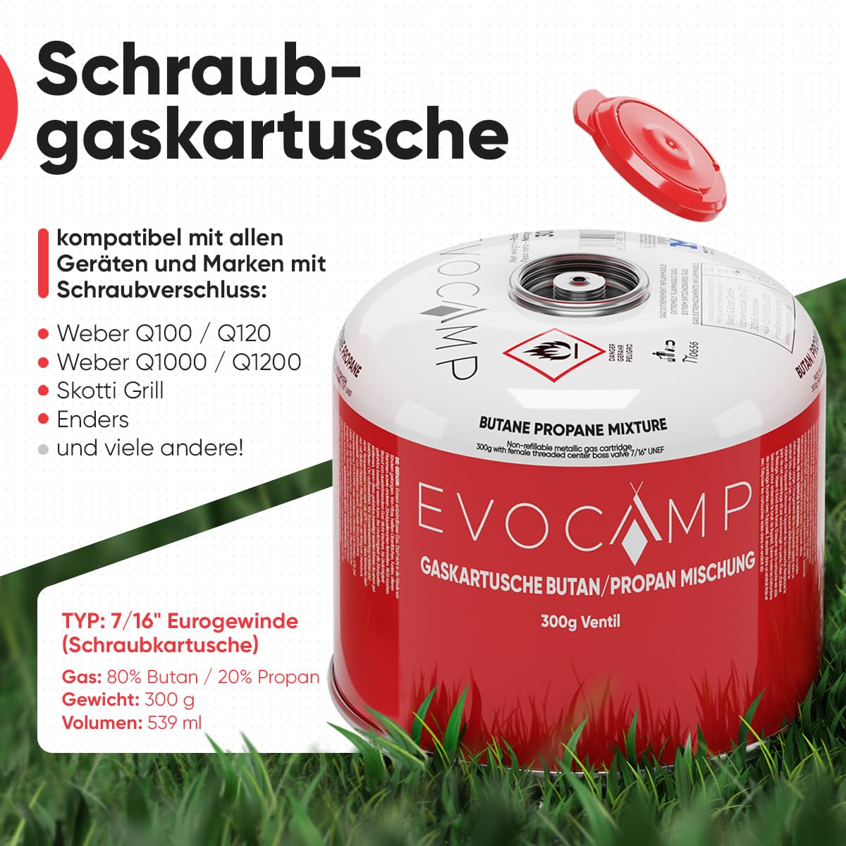 EVOCAMP 3x Propan Butan Gaskartuschen 300g, Schraubventil Eurogewinde 7/16", Ventilkartuschen 539ml mit Sicherheits-Verschlussautomatik, Gaskartuschen einsetzbar für Weber Grills Q100/1200-Serien