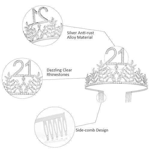 Miniatura 3 de Banda y tiara plateada de 21 cumpleaños para ella, decoraciones de cumpleaños 21 para ella, regalos de cumpleaños 21 para ella, banda de cumpleaños