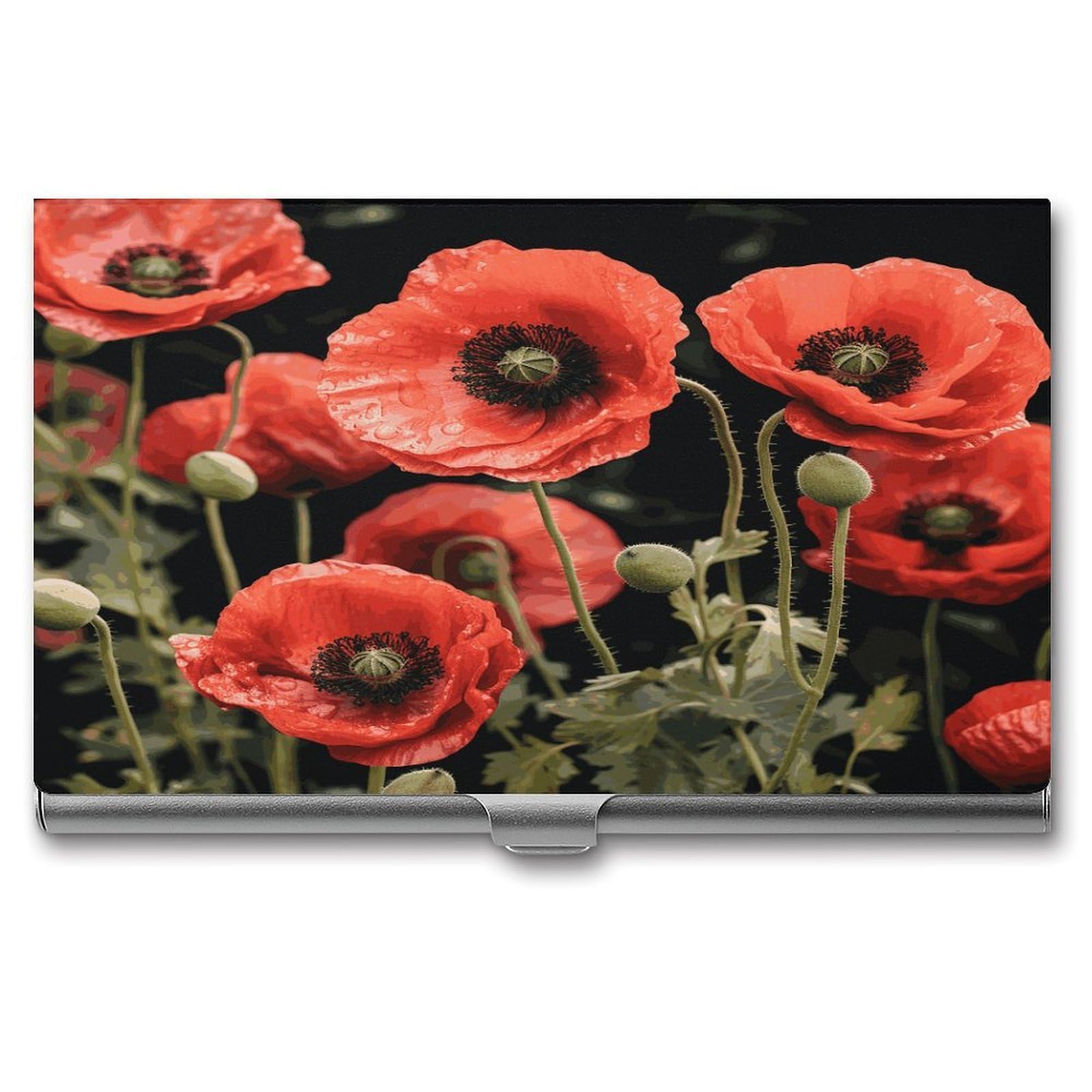LDGSUPH Red Poppy Flowers Leaves Business Card Holder Fashion Slim Name Card Holder Minimalist Design Case Metal Card Carrier Personalized Business Card Case with Flip for Men Women