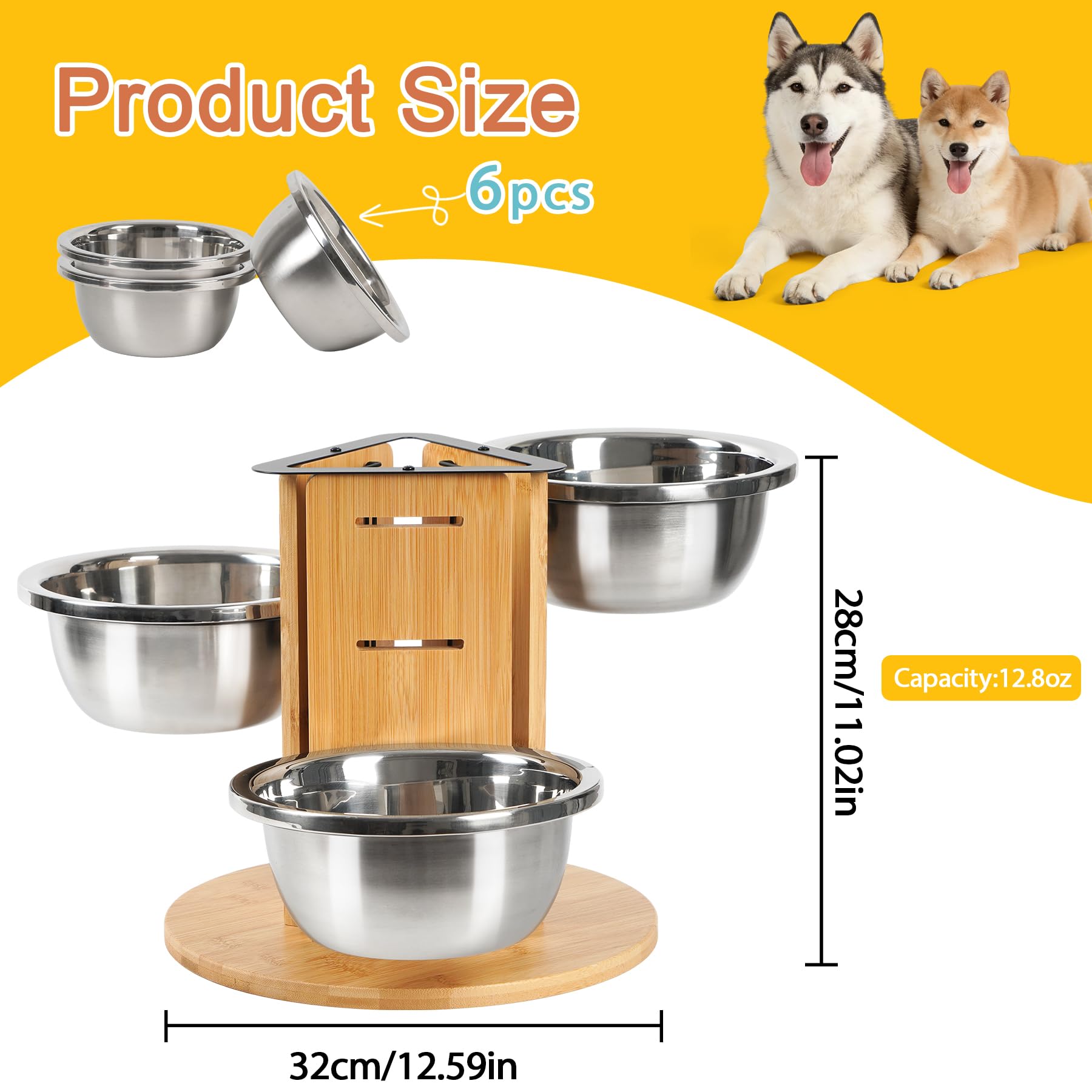 Comedero para perros elevado para perros, 3 cuencos de altura ajustable con 3 cuencos de acero inoxidable de 1400 ml y madera de tres lados elevados para perros, comedero para perros