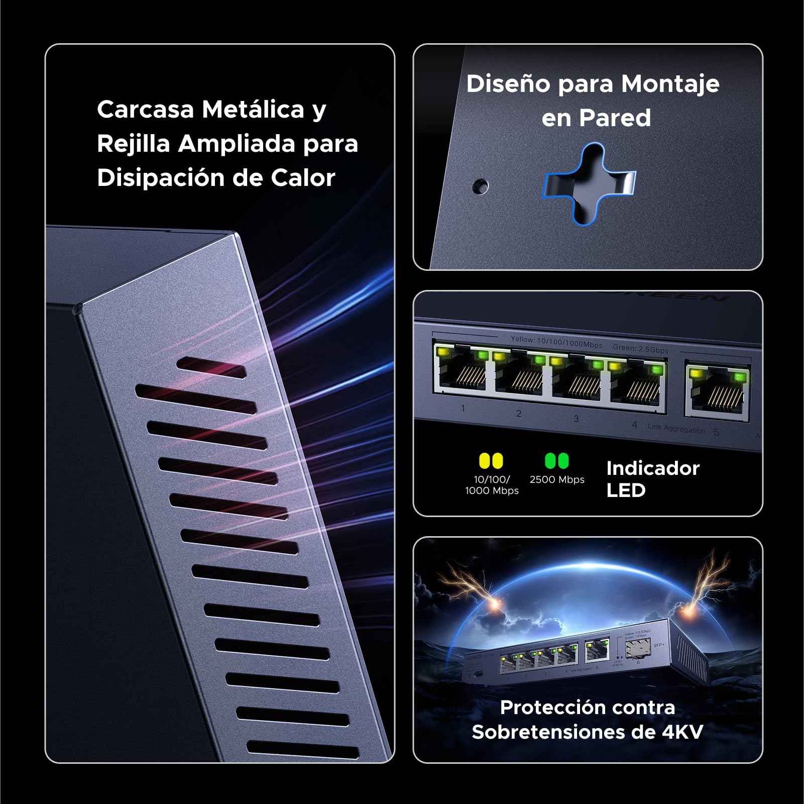 UGREEN 6 Puertos Switch Ethernet 5 Puertos Ethernet 2.5G 1 Puerto SFP+ 10G Switch RJ45 Carcasa Metal No Gestionado 4KV Multiprise RJ45 Montaje Mural para PC NAS Servidor Consola de Juegos Vídeo 4K/8K
