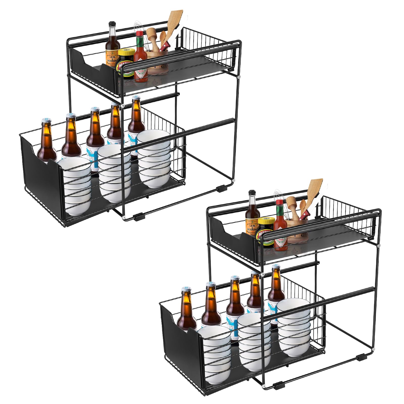 GLIT Unterschrank mit 2 Ebenen, Küchenregal, Schubladenschrank, Küchenorganizer mit 2 Schubladen, Aufbewahrungskorb für Küche, Speisekammer, Schlafzimmer, Gewürzhalter (Schwarz, 2 Stück)