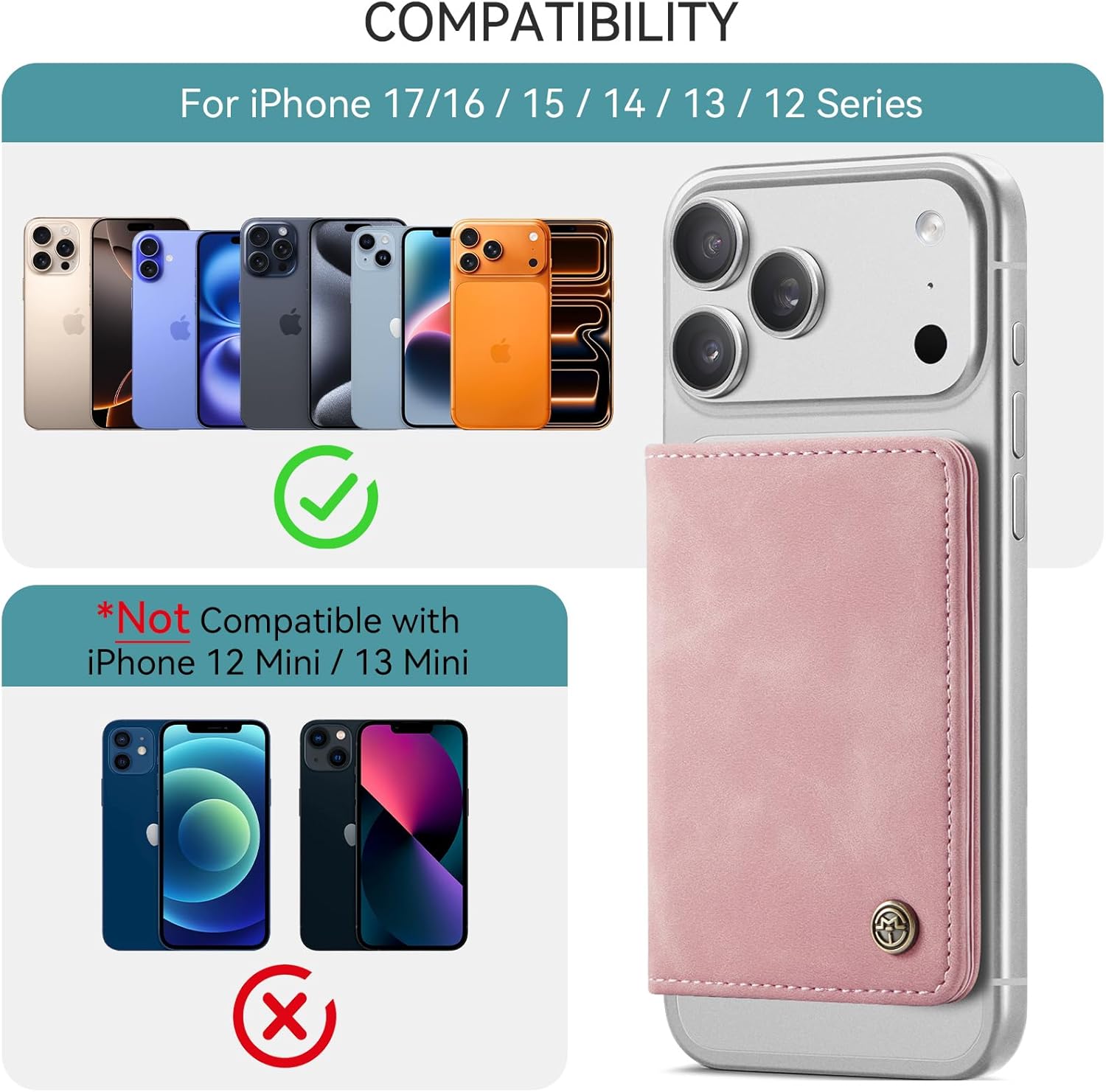 Defencase for Magsafe Wallet Magnetic Card Holder RFID Blocking, PU Leather Minimalist Phone Wallet for MagSafe Phones and Cases for iPhone 17/16/ 15/14/ 13/12/ Pro/Max/Plus/Air, Rose Pink - Image 2