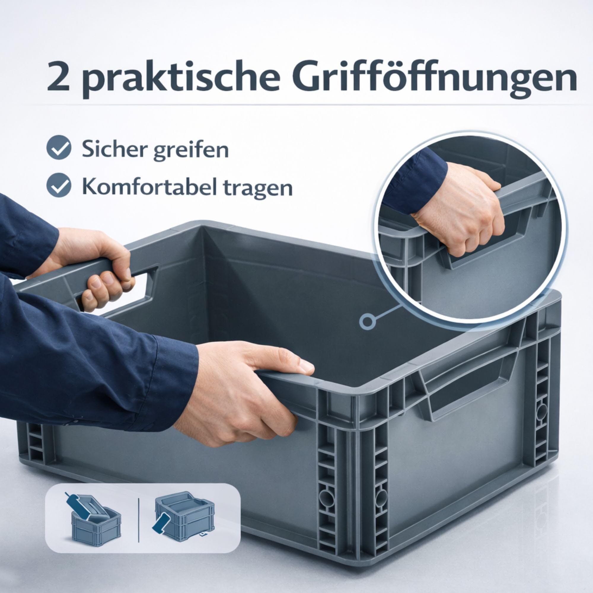 RODOPI 4x Eurobox 40x30x27 cm, stapelbar, graue Transportbox aus PP-Kunststoff, Eurobehälter mit 2 Grifföffnungen, Aufbewahrungsbox für Lager, Werkstatt, Haushalt