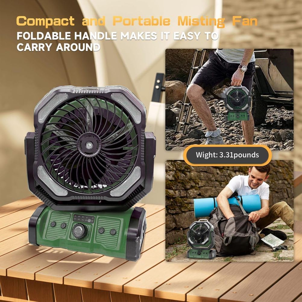 Portable Camping Fan with LED Lantern,Misting Fan with 160ml Water Tank,Rechargeable Battery Powered Outdoor Oscillating Fan for Fishing Camping Power,Black