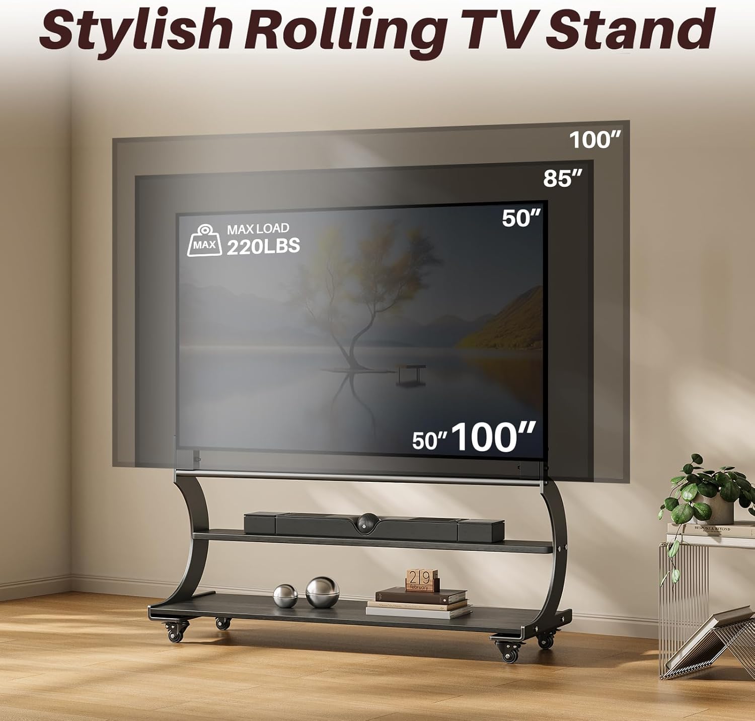 Rolling Easel TV Stand for 50-100 Inch TVs, Mobile TV Cart with Wooden Shelf and Wheels, Modern Floor Mobile TV Stand for Living Room, Office, Height Adjustable Holds up to 220lbs (Matte Black)