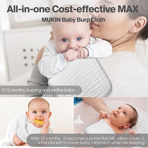 Miniatura 4 de MUKIN Juego de paños para eructos unisex para recién nacidos, paquete de 6 baberos para niños y niñas (gris)