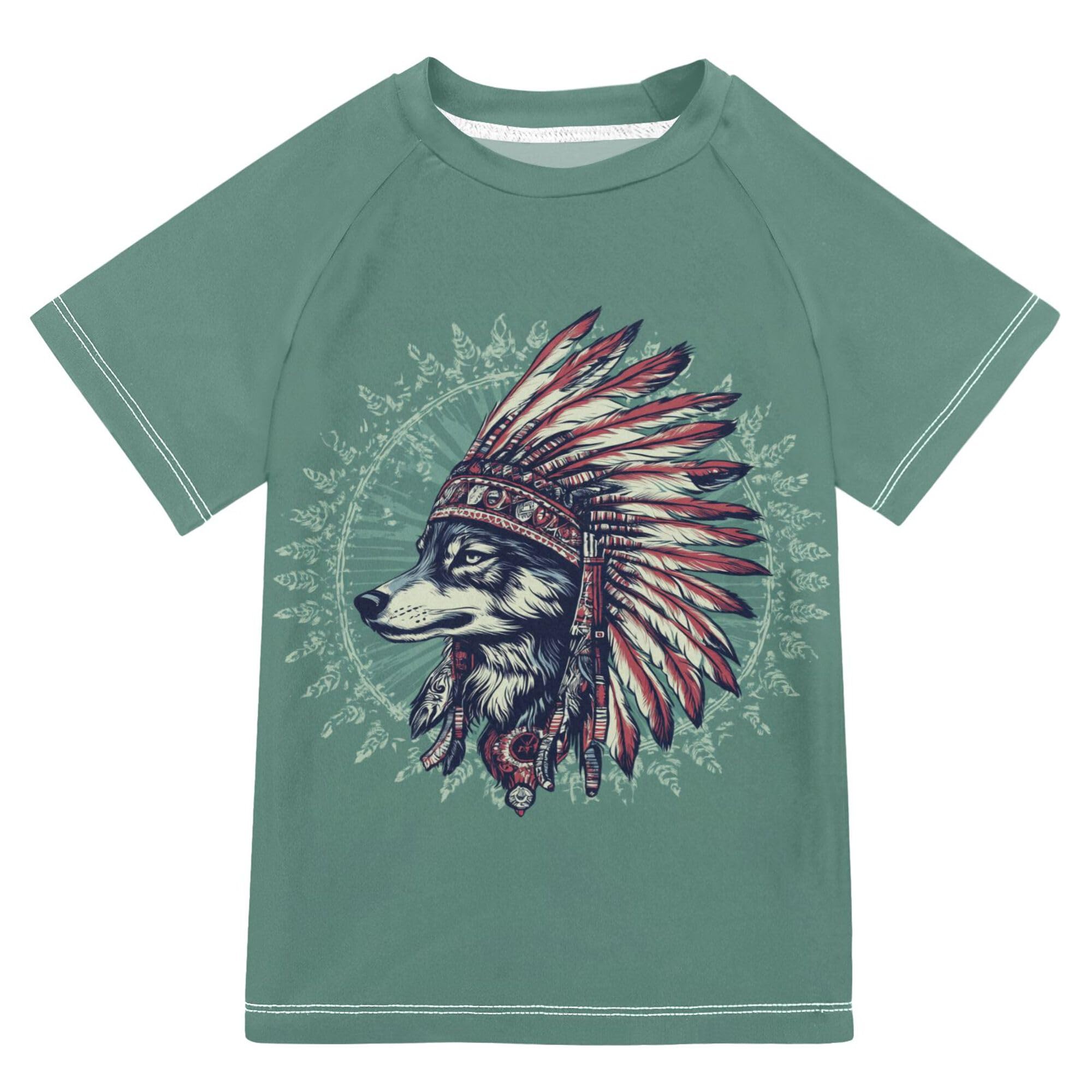 Western Tribal Wolf Green Bathing Suit Kids Sun Protection Rashguard Girls Swimwears Volleyball Shirts for Little Boys 9-10Y