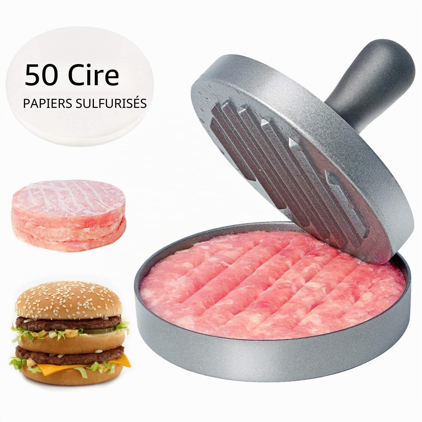 Asdirne Presse-hamburger en acier inoxydable de qualité alimentaire avec poignée en ABS, presse-hamburger antiadhésif, 11,5 cm, 50 x feuilles de papier à hamburgers incluses