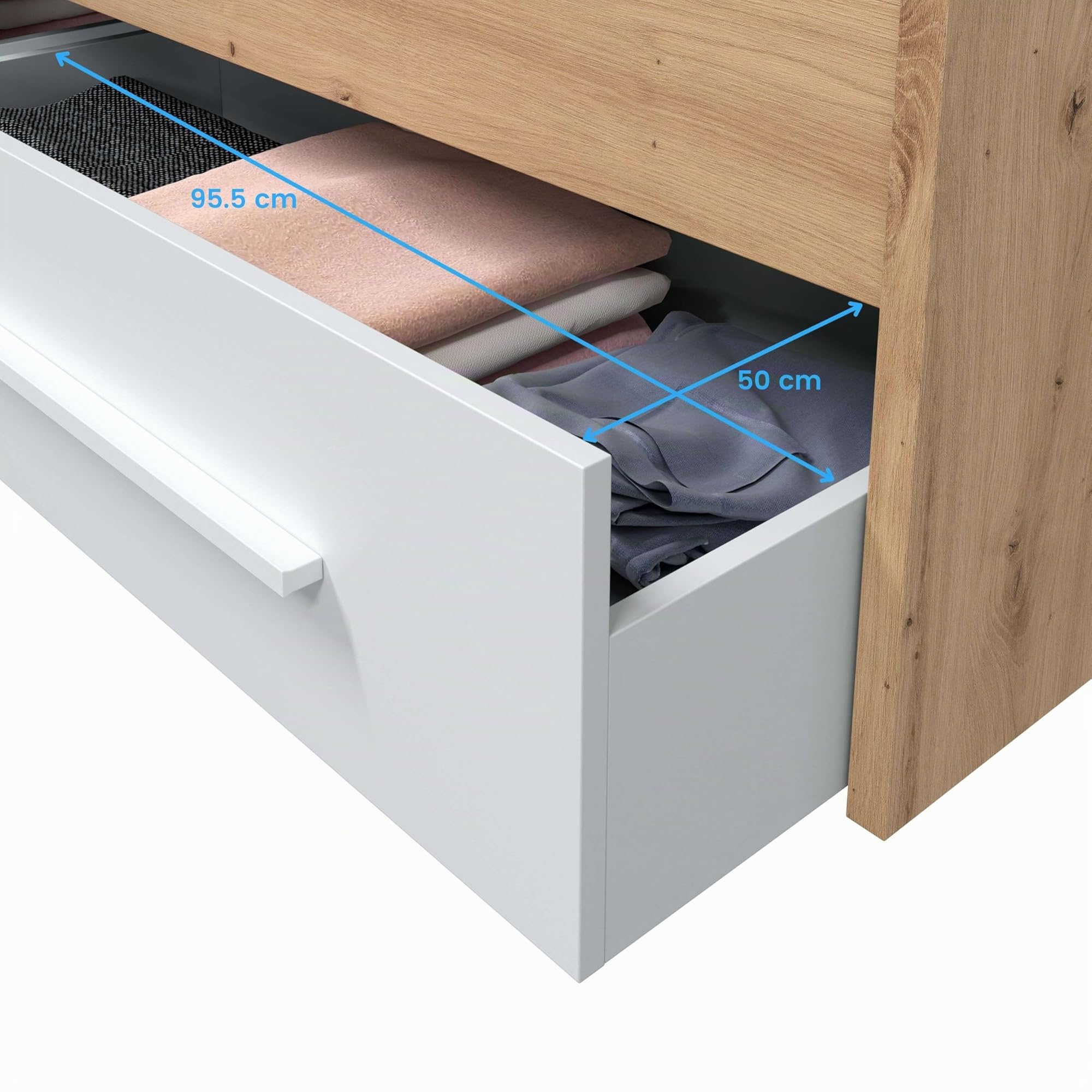 Letto singolo con 2 cassetti, letto giovanile, letto per bambini, modello Noa, finitura in bianco Artik e rovere odi, Dimensioni: 196 cm x 97 cm (larghezza) x 77 cm (larghezza) x 77 cm (altezza)