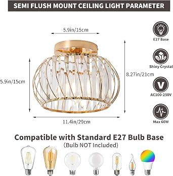 ZYDTRIP Crystals Ceiling Light Fixtures Chandelier, Gold Semi Flush Mount Ceiling Light Fitting for Hallway Entrance Kitchen Bedroom Dining Rooms Living Rooms Bar