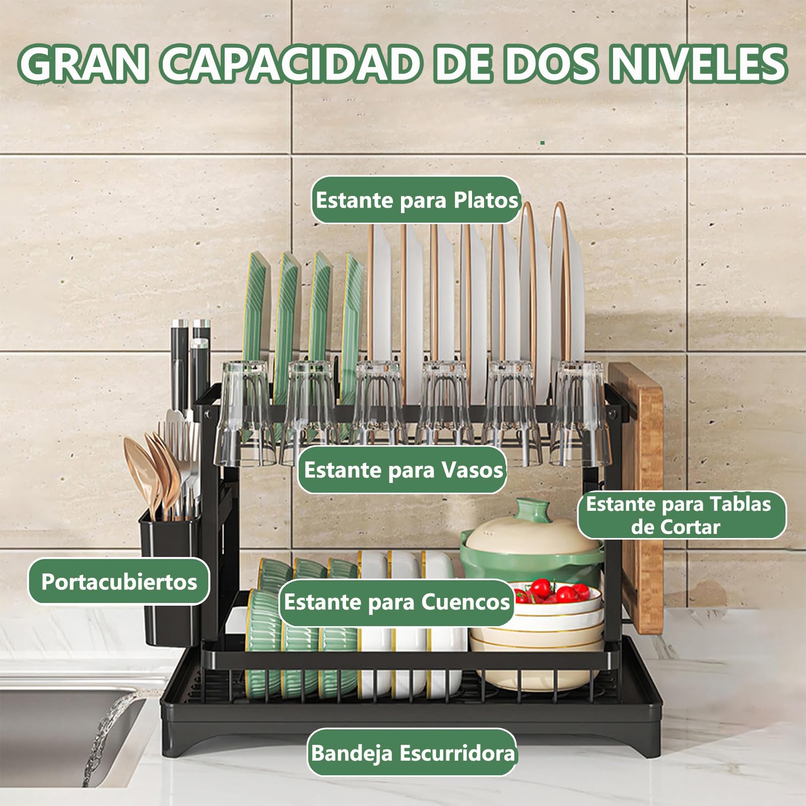 MIMOCASA Escurreplatos sobre Fregadero, Escurreplatos Acero Inoxidable de 2 Niveles Gran, Escurridor de Platos con Desagüe Soporte para Utensilios y Portavasos, Negro — view 3