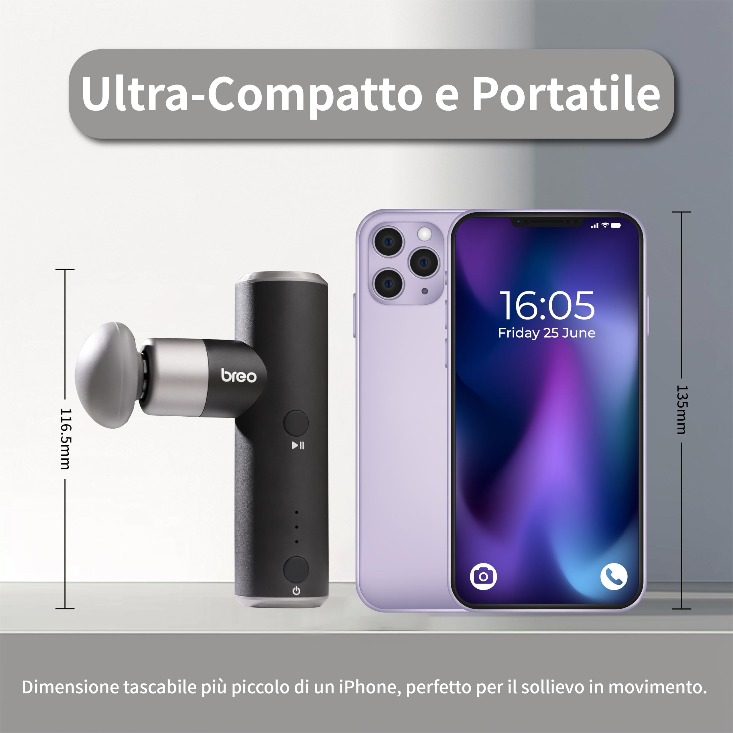 Breo S1 mini Pistola Massaggio Percussivo Muscolare, Grigio Scuro | 4 livelli di intensità, 3 testine massaggianti rimovibili, potente e silenzioso, compatto per casa, ufficio e sport