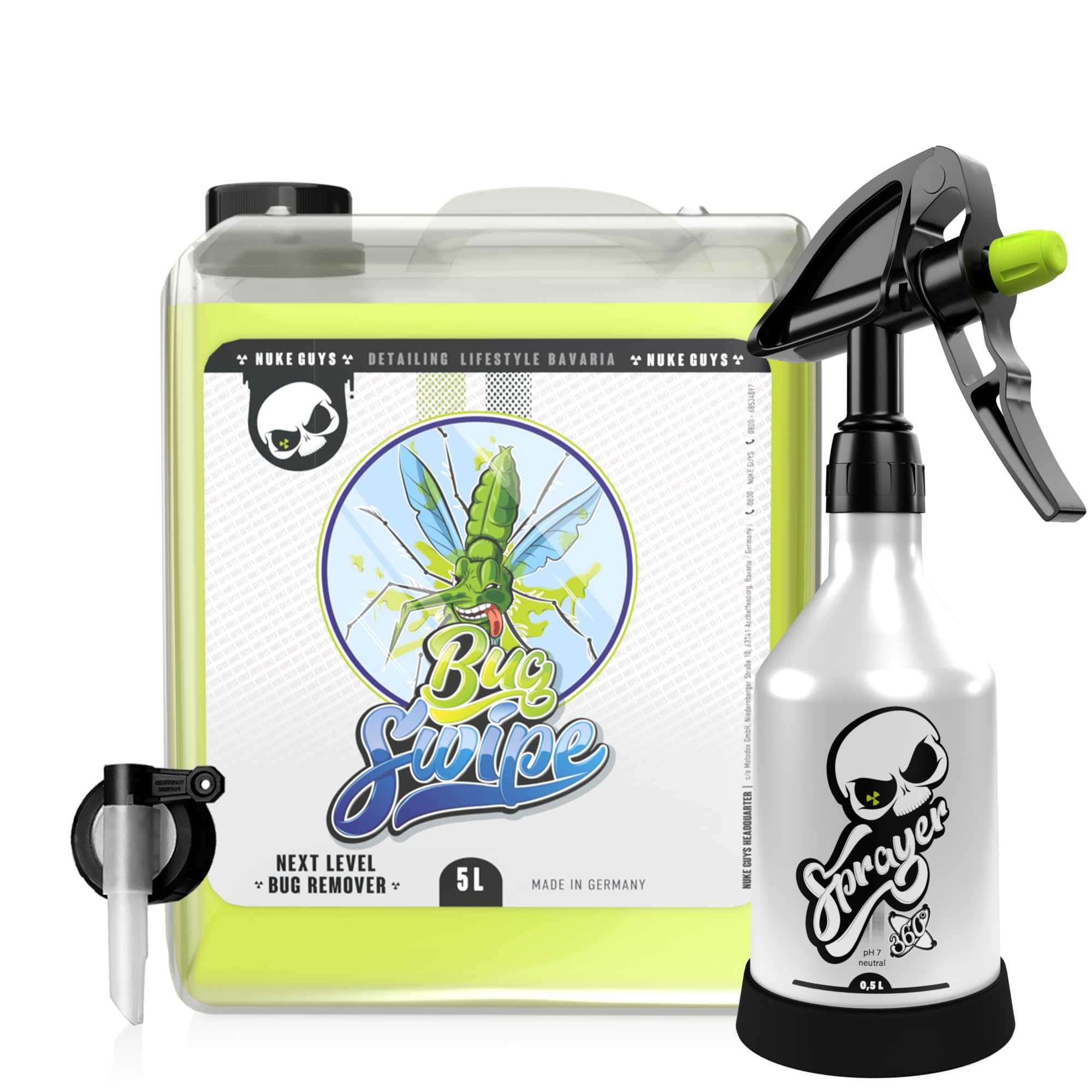 Nuke Guys Bug Swipe Auto Rimuovi insetti tanica da 5 litri con dispenser e flacone spray da 0,5 l, ideale anche per la pulizia della moto, ideale per lo sporco ostinato come residui di insetti