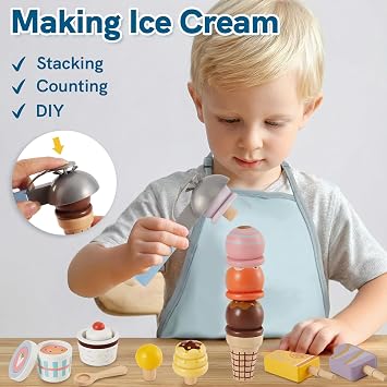 HERSITY Wooden Ice Cream Set for Kids, Ice Cream Parlour Role Play Kitchen Food Popsicle Toy Shop Toddlers Boys Girls Presents age 3 4 5, Blue