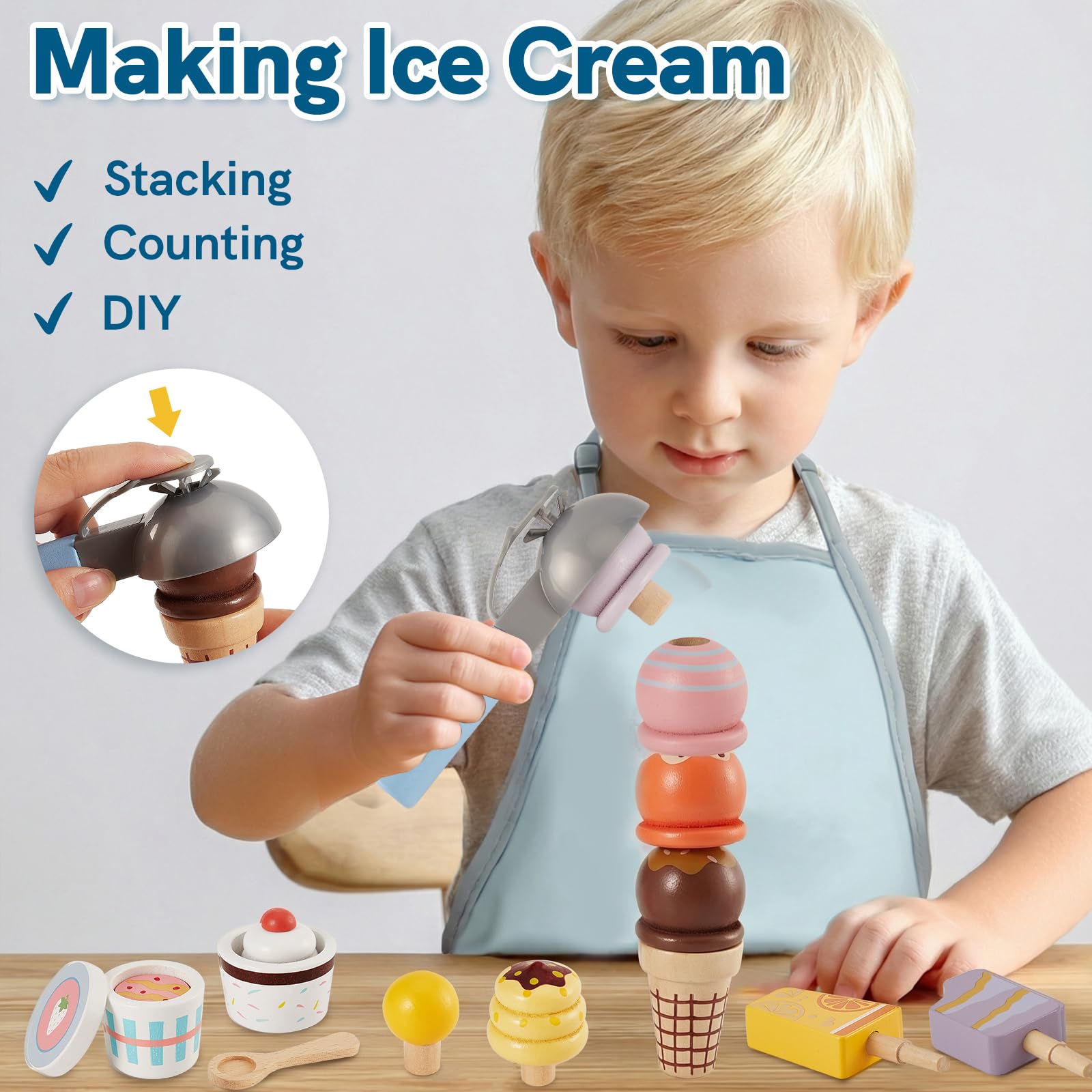 HERSITY Eiscreme Set Kinder Holz EIS am Stiel Spielzeug zum Stapeln, Kinderküche Zubehör Eisladen Eisdiele, Spielküche Rollenspiele für Kind Mädchen Jungen 2 3 4 Jahren, Blau