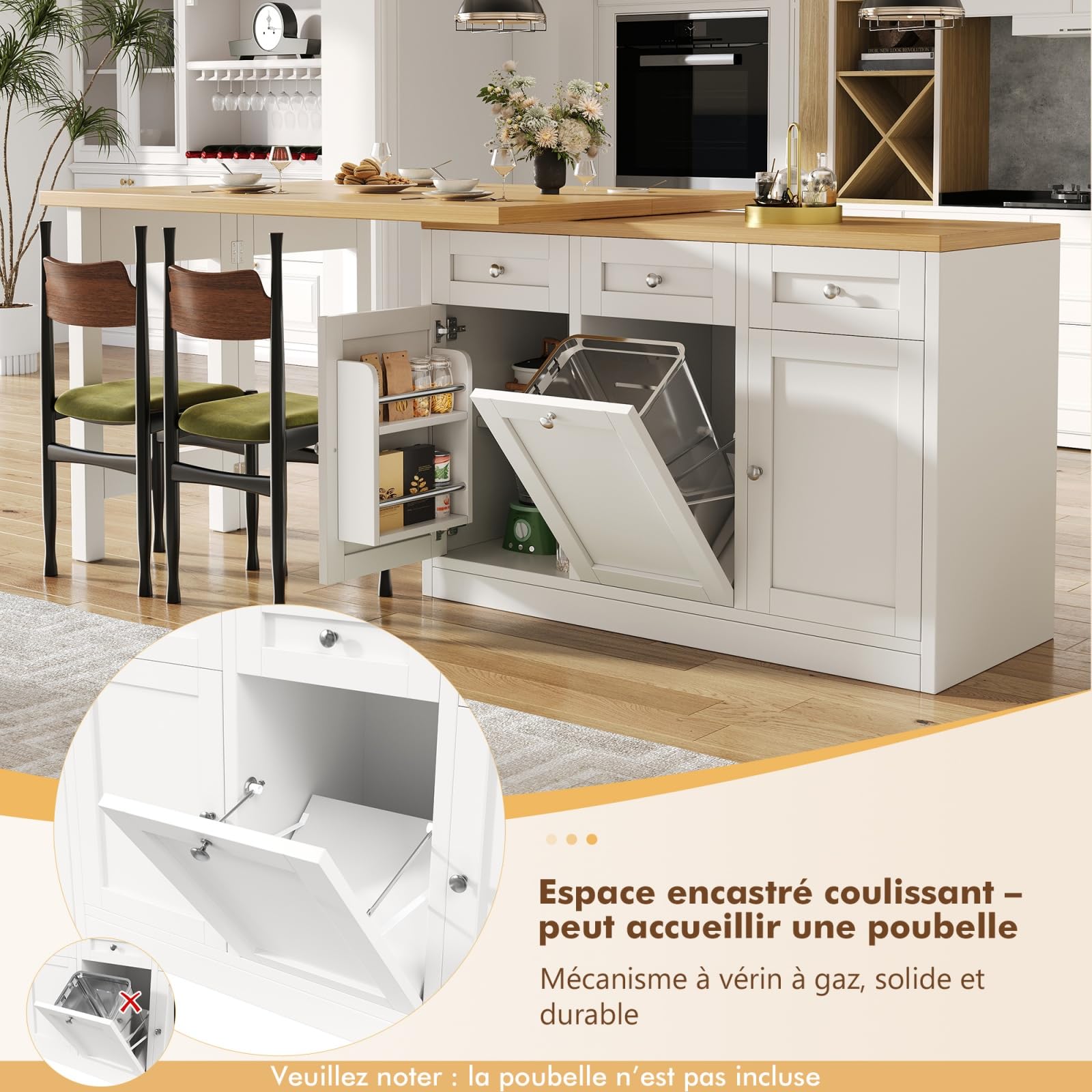 YEHTOKHOME Îlot Central Cuisine avec Rangement et Plan de Travail, Table à Manger Extensible 120-200 cm, 3 Tiroirs et 2 Portes, Étagère Snack, Support Poubelle, Table de Bar (A-Blanc)