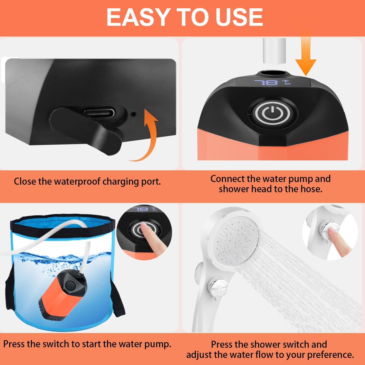 B013 Portable Shower Pump for Camping – 7800mAh Long-Lasting & Quiet Outdoor Shower with LED Display, IPX8 Waterproof Outdoor Shower for Pet Bath, Car Wash & RV