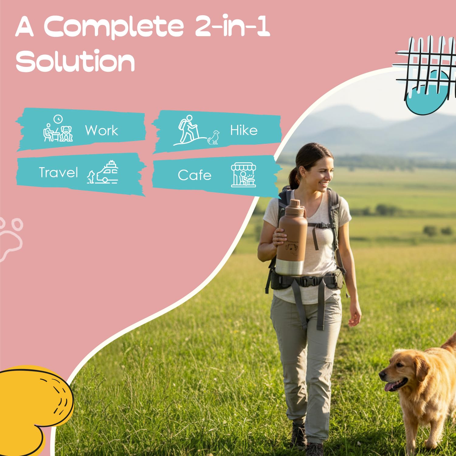 LOVE WAG & PLAY Botella de agua para perros de 32 onzas, botella de viaje portátil 2 en 1 con cuencos integrados, a prueba de fugas, sin BPA, para senderismo, paseos, uso al aire libre (marrón