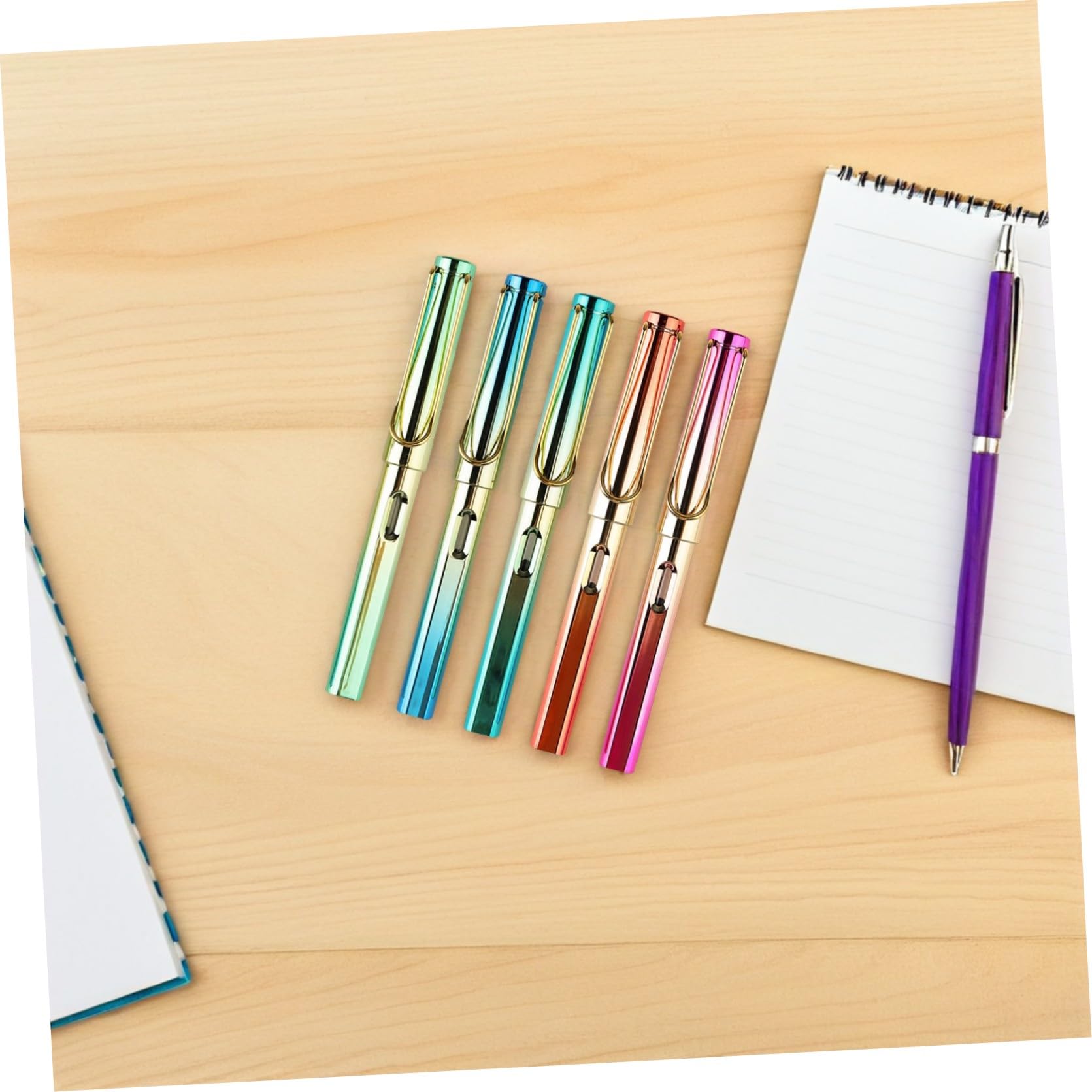 5pièces Lot De Stylos-plume Pour Calligraphie Avec Réservoir Encre Rechargeable Métallique Coloré Pour Apprentissage Et Étudiante