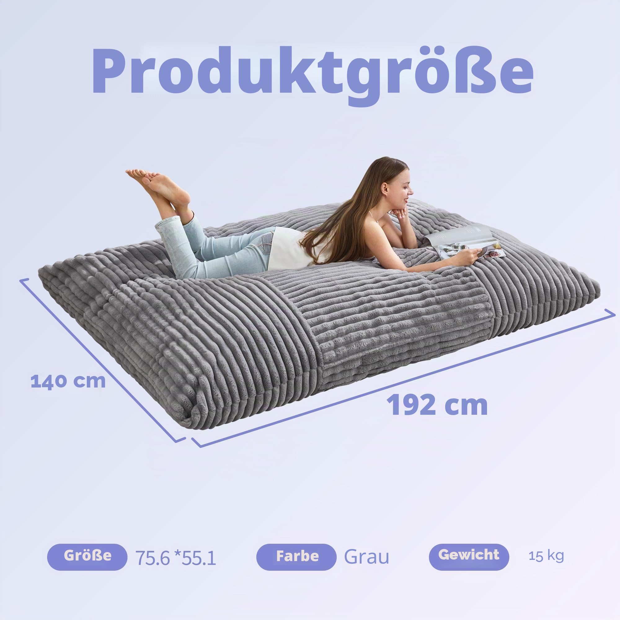 Hobestluk 3-in-1 Sitzsack Riesen Sitzsack Umwandelbar Sitzsack Bodenkissen mit maschinenwaschbarem Bezug, Sitzsäcke für Erwachsene (Grau)