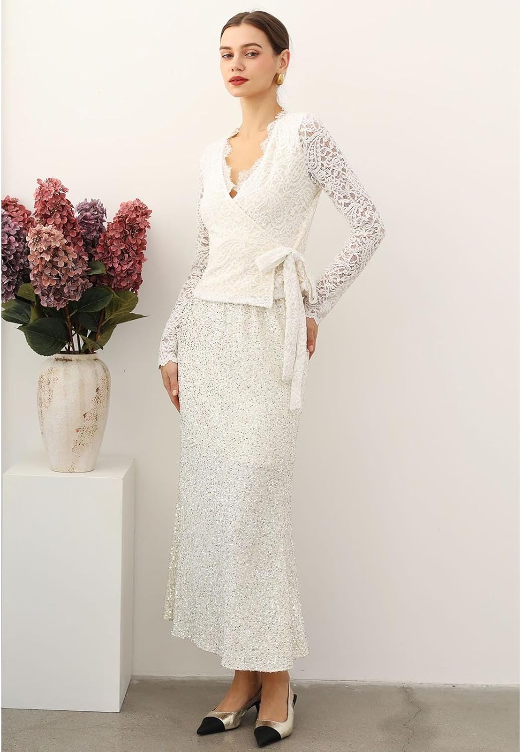 CHICWISH Women Sequin Mermaid Maxi Skirt Elegant Elastic High Waist A Line Flare Cocktail Party Glitter Long Skirts