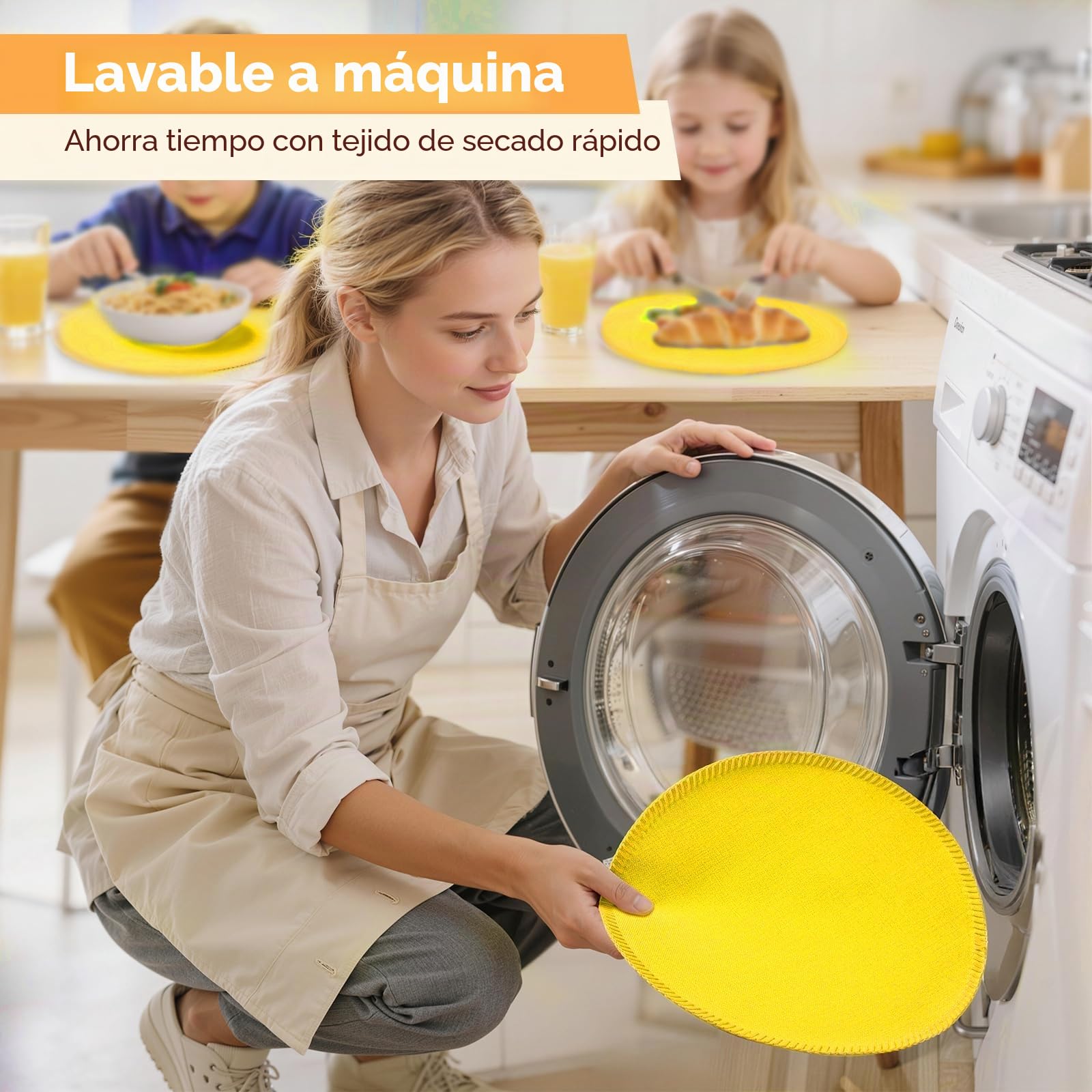 Juego de 8 manteles Individuales Redondos de Tela, Tela de Lino rústico, Lavables a máquina, Resistentes al Calor, manteles Individuales sin Arrugas, de poliéster (Amarillo)
