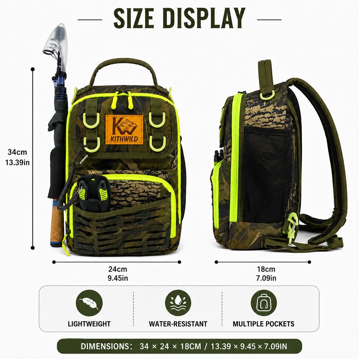 Fishing Sling Tackle Bag, Water-Resistant Lightweight Fishing Backpack with Rod Holder, Adjustable Crossbody Shoulder Bag for Bass Trout Kayak Bank Fishing- Green image 2