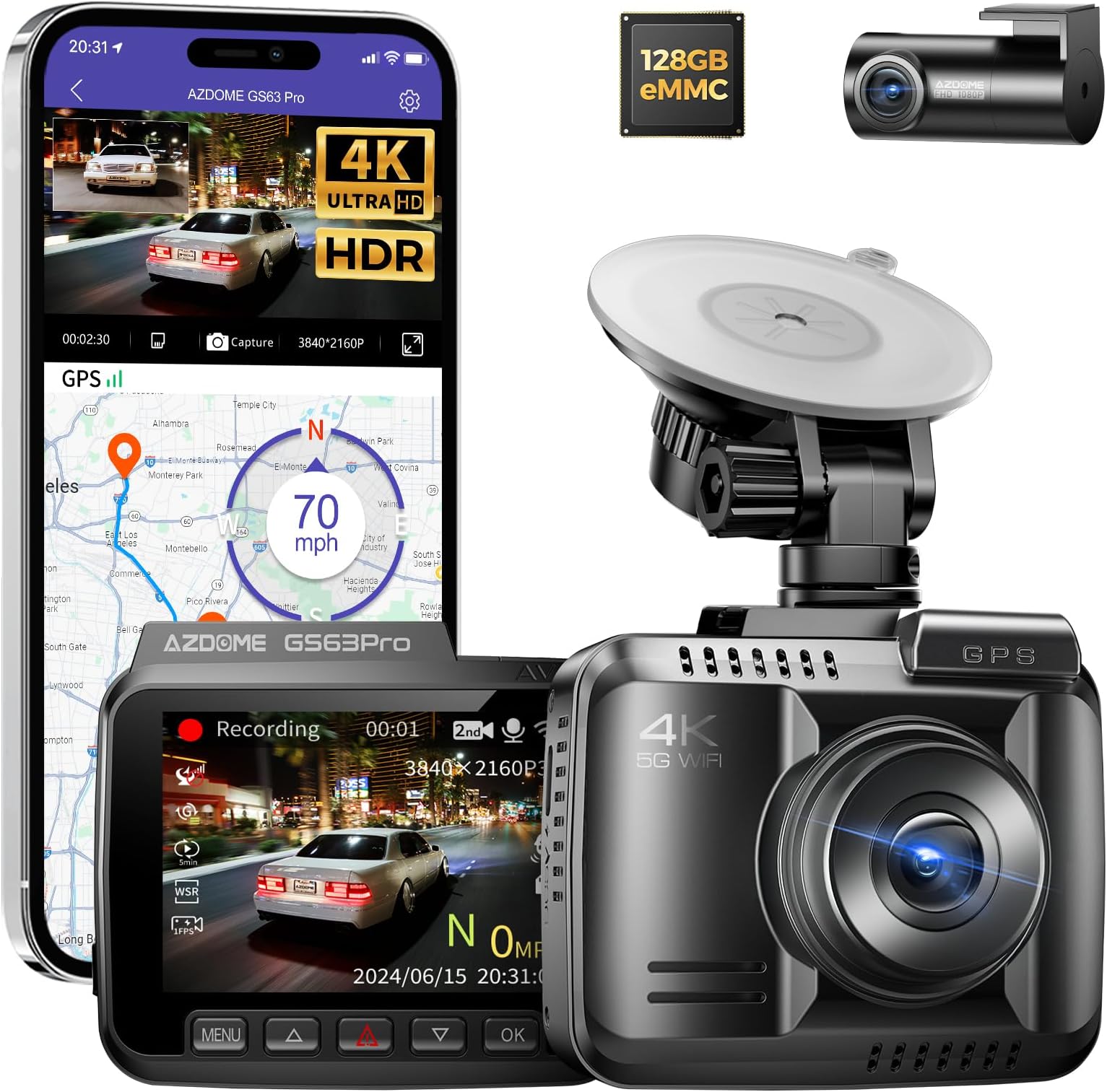 4K HDR Dash Cam Front and Rear with 4-Megapixel Image Sensor, 128GB eMMC, ADAS, 4K+1080P Dash Camera, 5GHz WiFi GPS 24H Parking Mode Car Camera, GS63 Pro