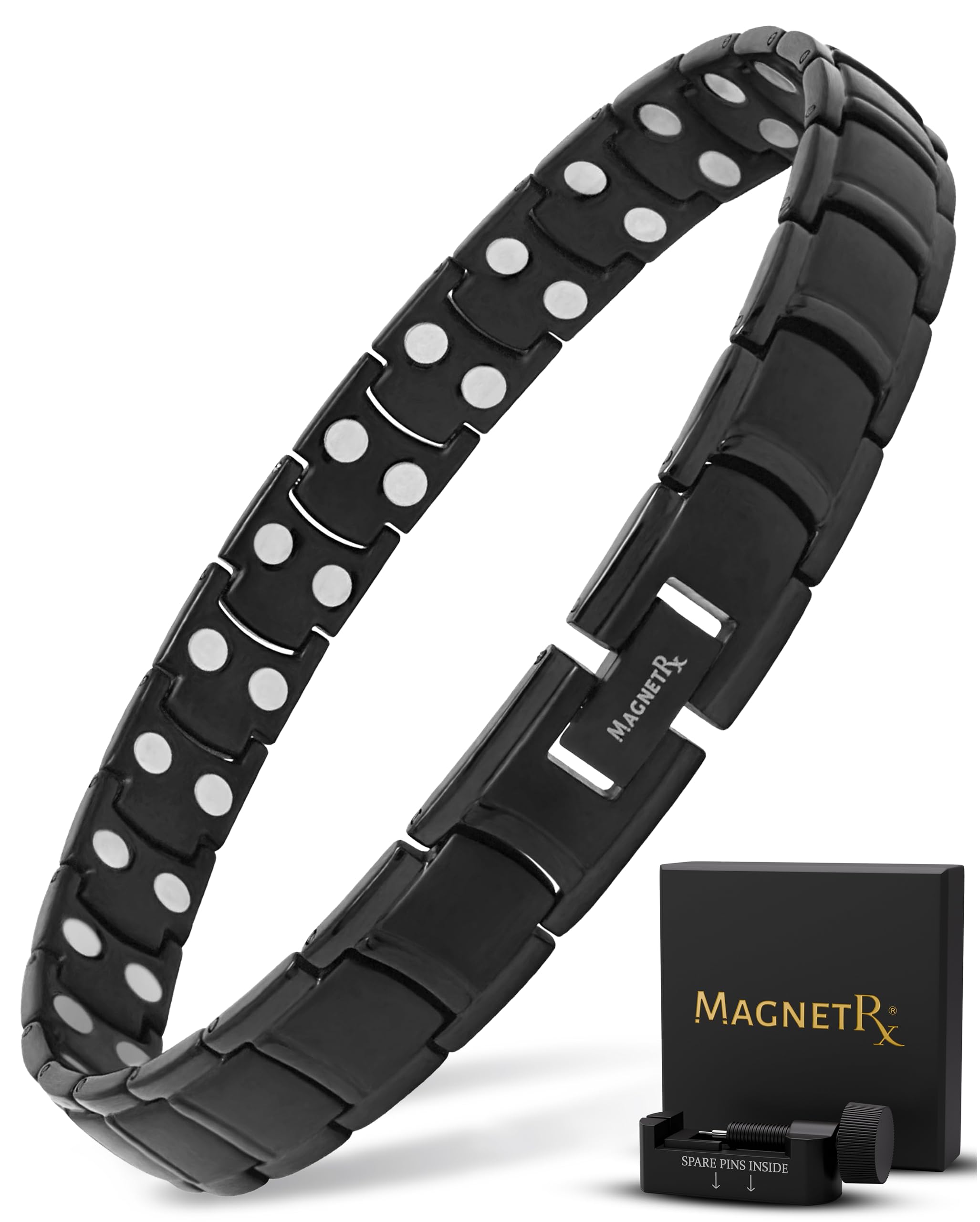 MagnetRX® Bracelet De Cheville Pour Homme - 48 Aimants Puissants (168000 GAUSS) Bijou Aimanté En Titane Ultra-Résistant - Réglable Avec Outil De Dimensionnement (Noir)