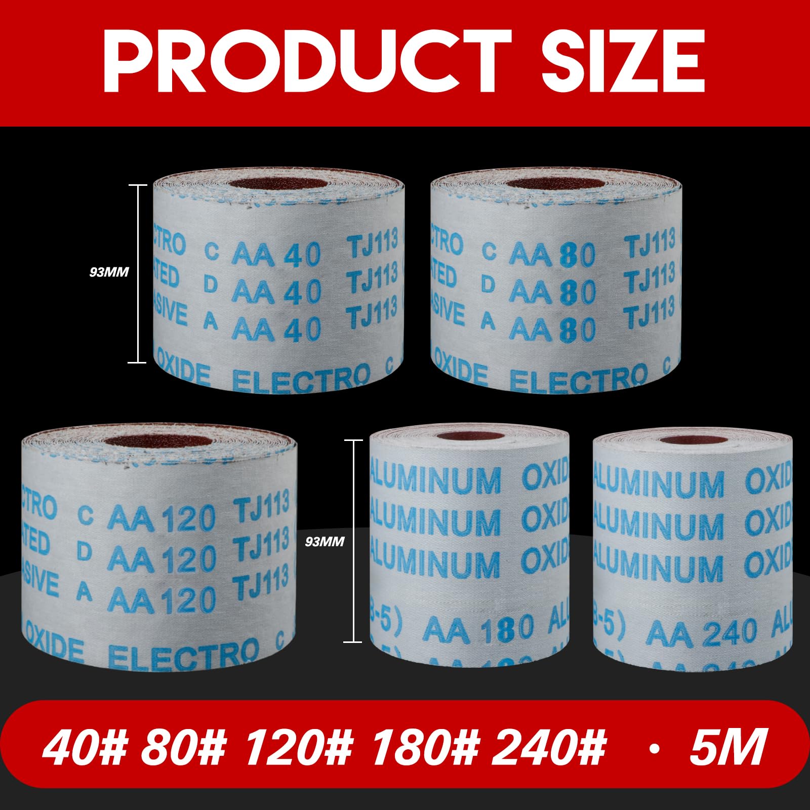 KONGMING Rollo de Papel de Lija 93mm x 5m Grano 40 80 120 180 240 X 5 Rollo para Lijadora Manual