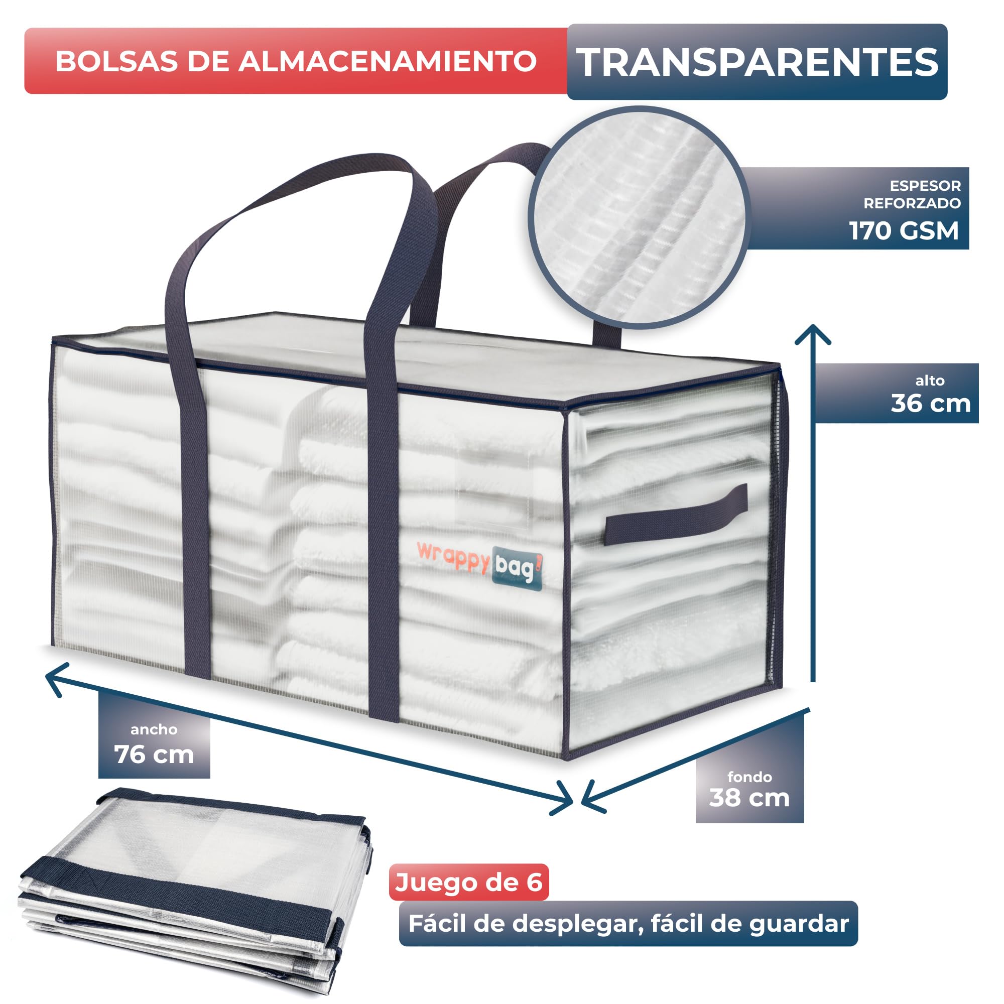 WRAPPYBAG – Set de 6 Bolsas de Mudanza y Viaje Grandes, Resistentes, Reutilizables, Tupidas, XXL y Antihumedad – Asas Reforzadas – Bolsas Almacenaje Ropa y Ropa de Cama – 75 x 36 x 38 cm