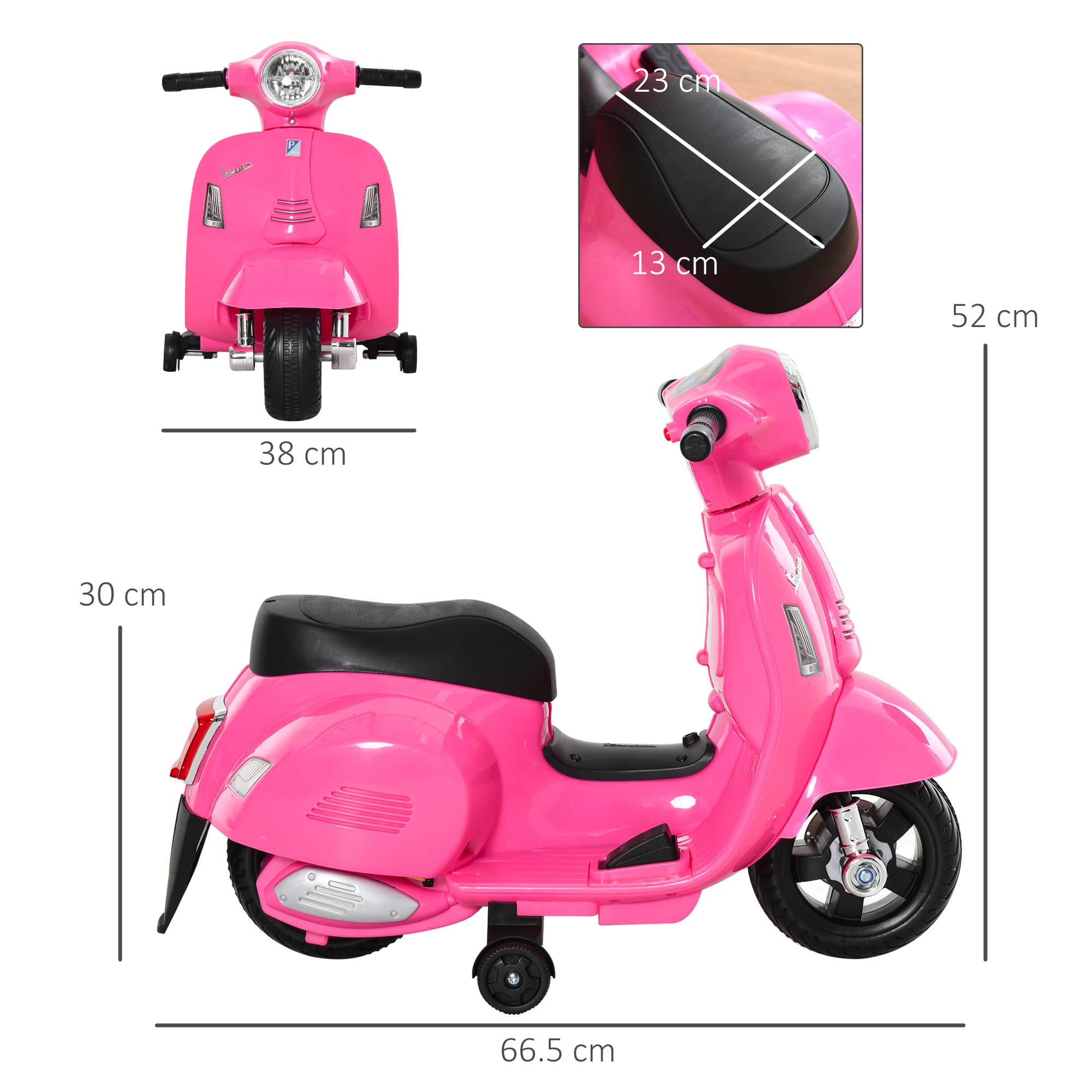 HOMCOM Moto Elettrica per Bambini con Licenza Ufficiale Vespa Batteria 6V, Fari e Clacson, per Bimbi da 18-36 mesi, Rosa, 66.5x38x52cm