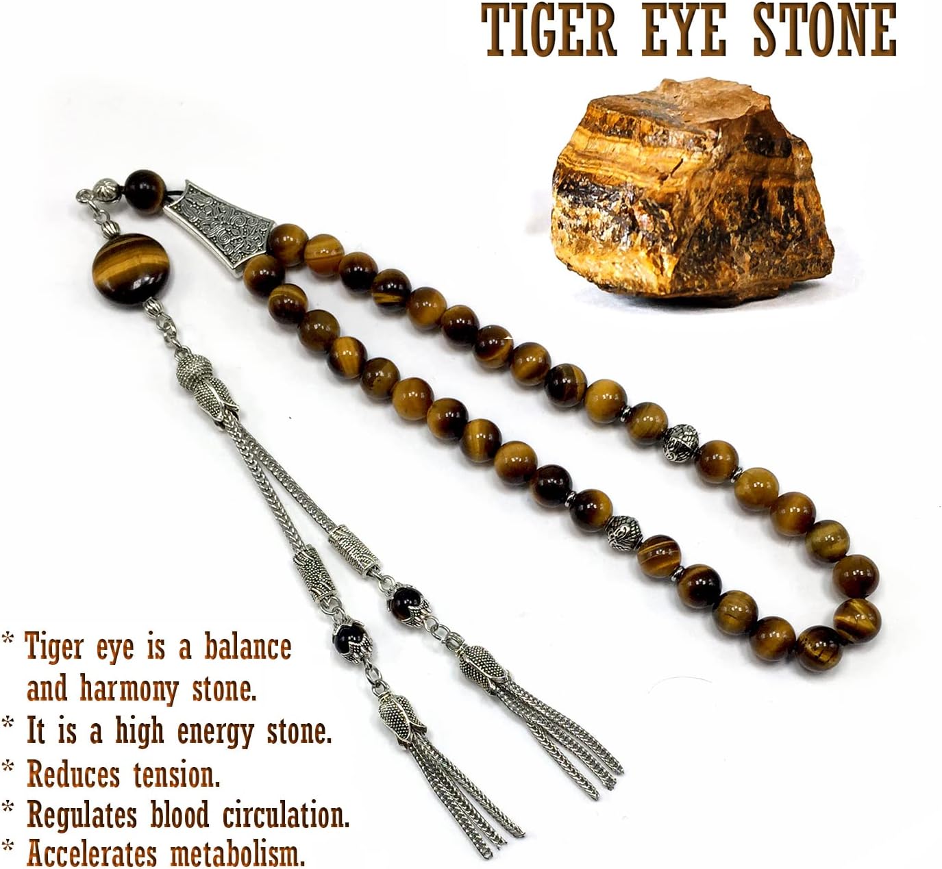 Stylist Prayer Beads (8 mm-33 Beads) Tesbih-Tasbih-Tasbeeh-Misbaha-Masbaha-Subha-Sebha-Sibha-Rosary (Tiger Eye Stone)