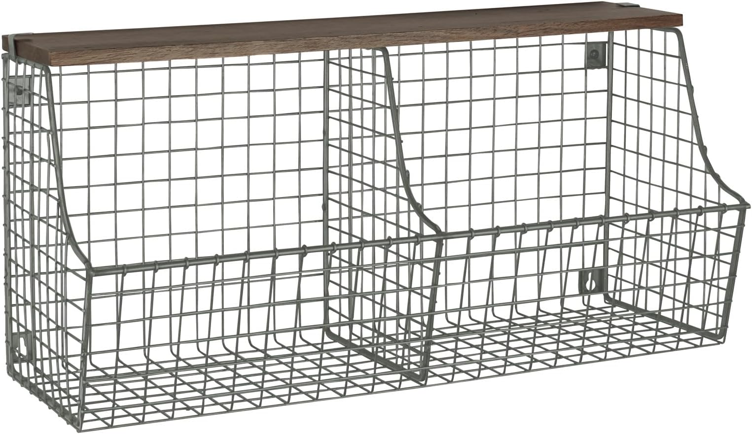 SpectrumDiversified Vintage Double Bin with Wood Storage Wall-Mounted Wire Basket & Wood Shelf, Farmhouse Style Entryway Storage & Organization, Industrial Gray