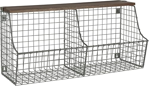Spectrum Diversified Contenedor doble vintage con almacenamiento de madera, cesta de alambre montada en la pared y estante de madera, estilo granja,