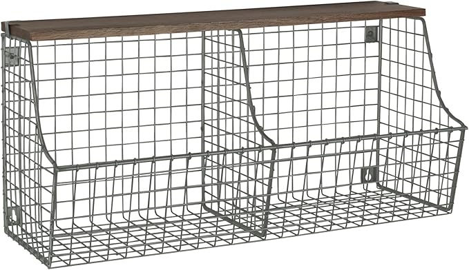 Spectrum Double Bin Hanging Wire Basket with Wood Top Shelf for Entryway Kitchen or Bathroom Storage, Industrial Gray Rustic Wood and Wire Wall Basket Shelf Wall Mount Organizer with 2 Storage Bins