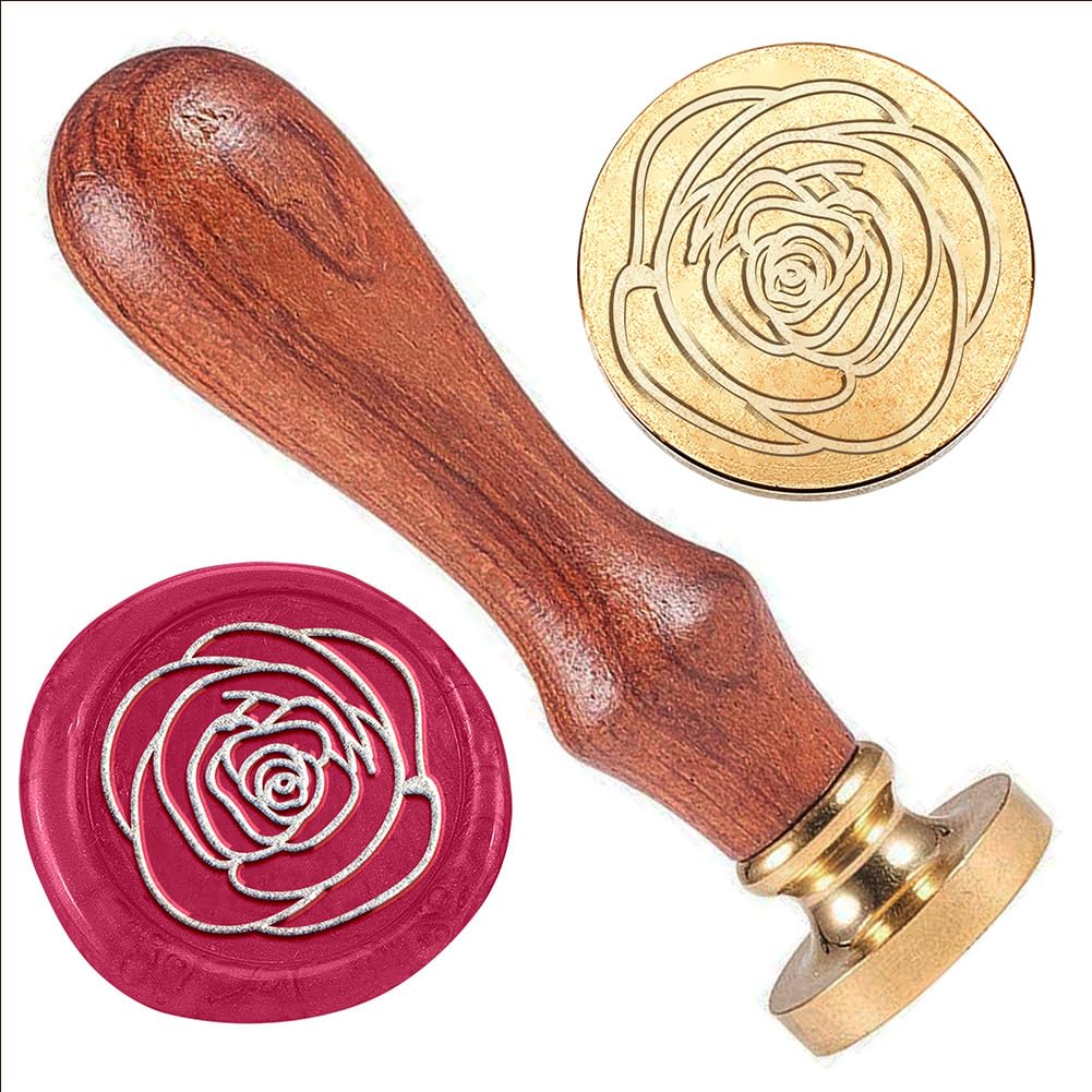 DELORIGIN Rose Wax Stamp, Brass Head with Wooden Handle, 1" Vintage Rose Pattern, Clear, 1 Count