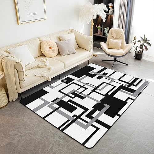 Erosebridal Alfombra de cuadrícula para sala de estar, alfombra blanca y negra de 5 x 7 pulgadas, patrón geométrico que no se desprende, alfombra
