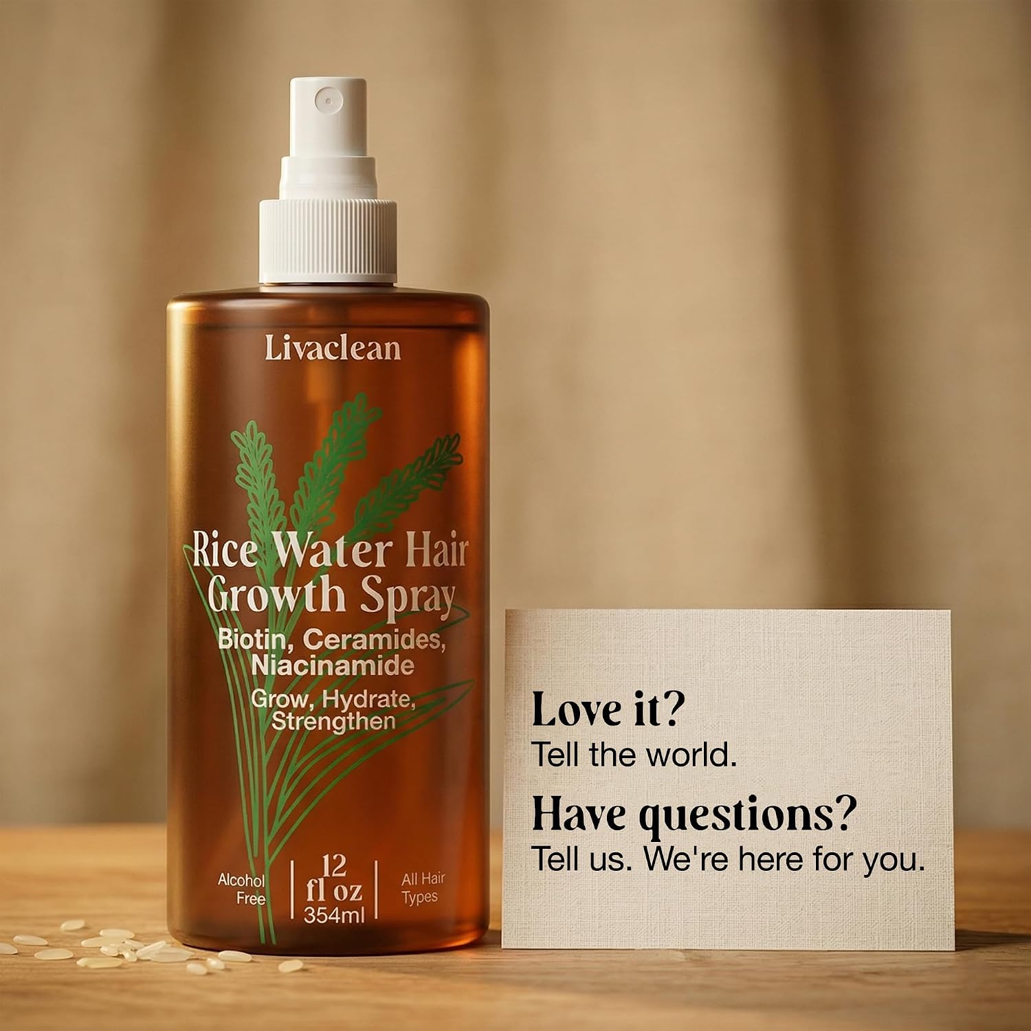 LivaClean Rosemary & Rice Water Spray for Hair Growth, 12 fl oz – Fermented Rice Water with Biotin, Caffeine & Silk Protein – Strengthening Leave-In for Thinning, Damaged & Curly Hair