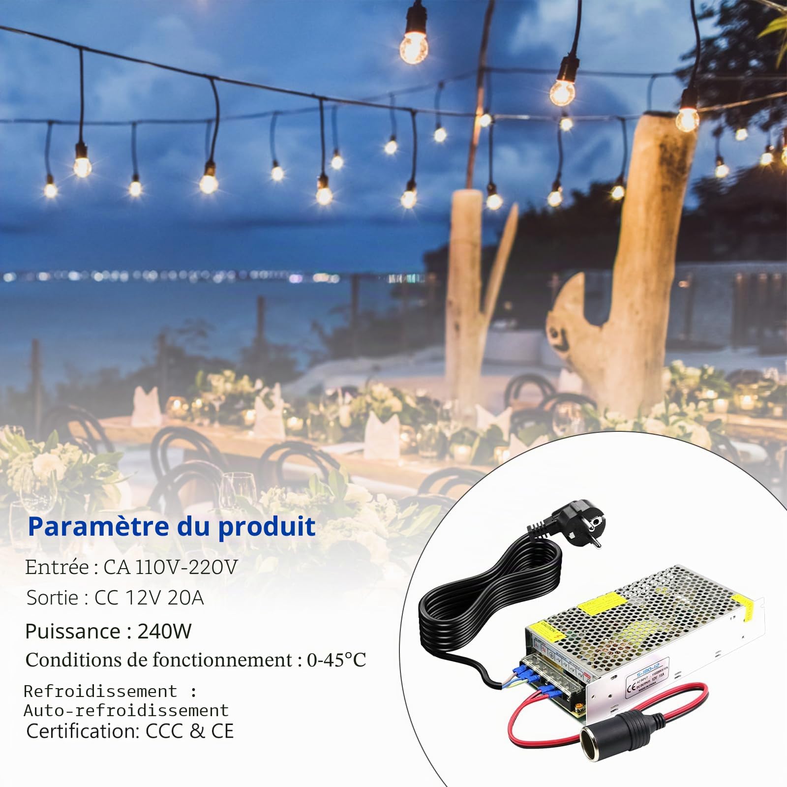 Adaptateur d'alimentation de voiture, convertisseur de tension 220 V à 12 V 20 A 240 W, adaptateur secteur, allume-cigare, adaptateur avec prise allume-cigare pour glacière, aspirateur de voiture