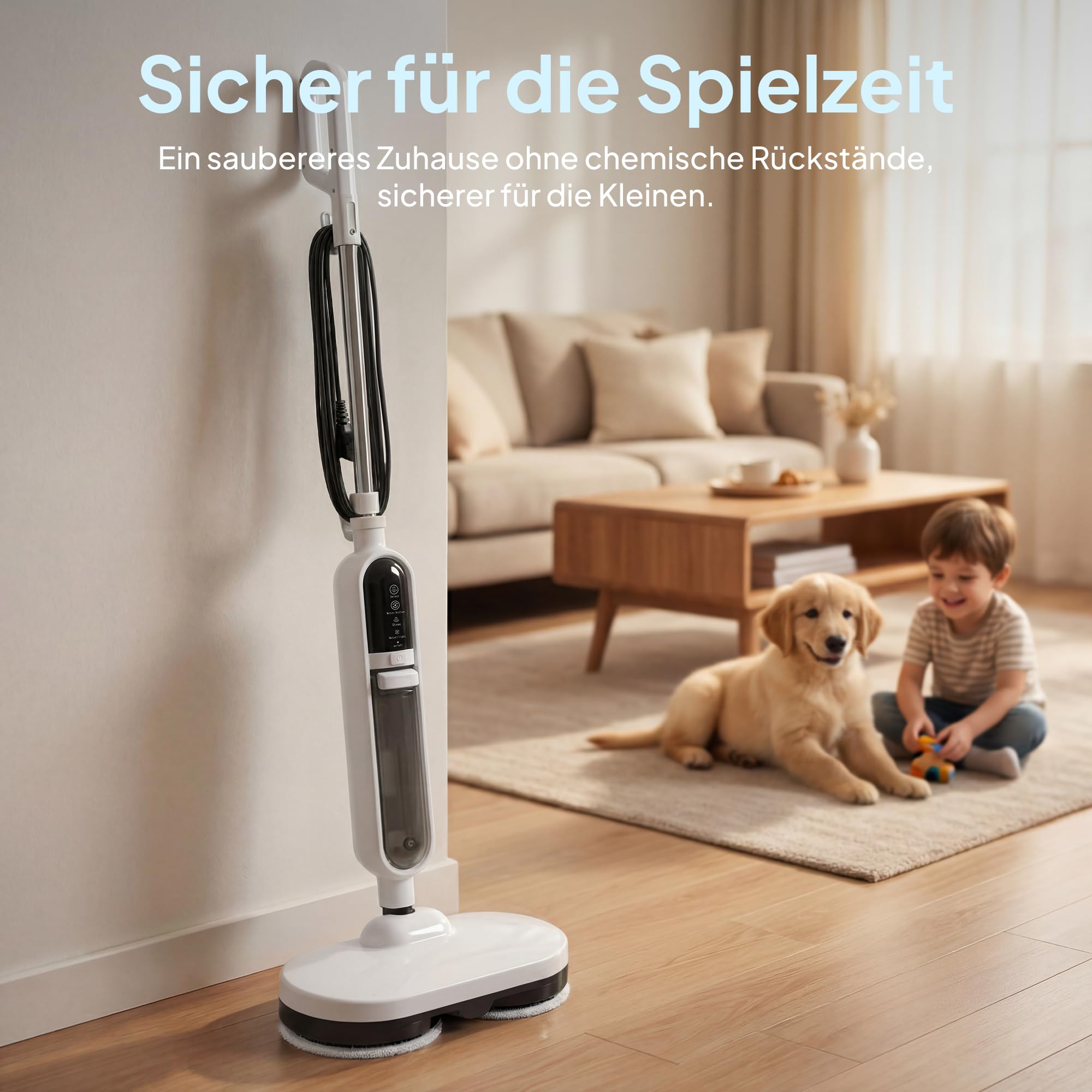 Livatro Dampfreiniger für Hartböden mit rotierendem Wischkopf | 1300 W, Dampf in ca. 30 s, 500-ml-Tank, 15 Zubehörteile, 5-m-Kabel und 4 waschbare Pads