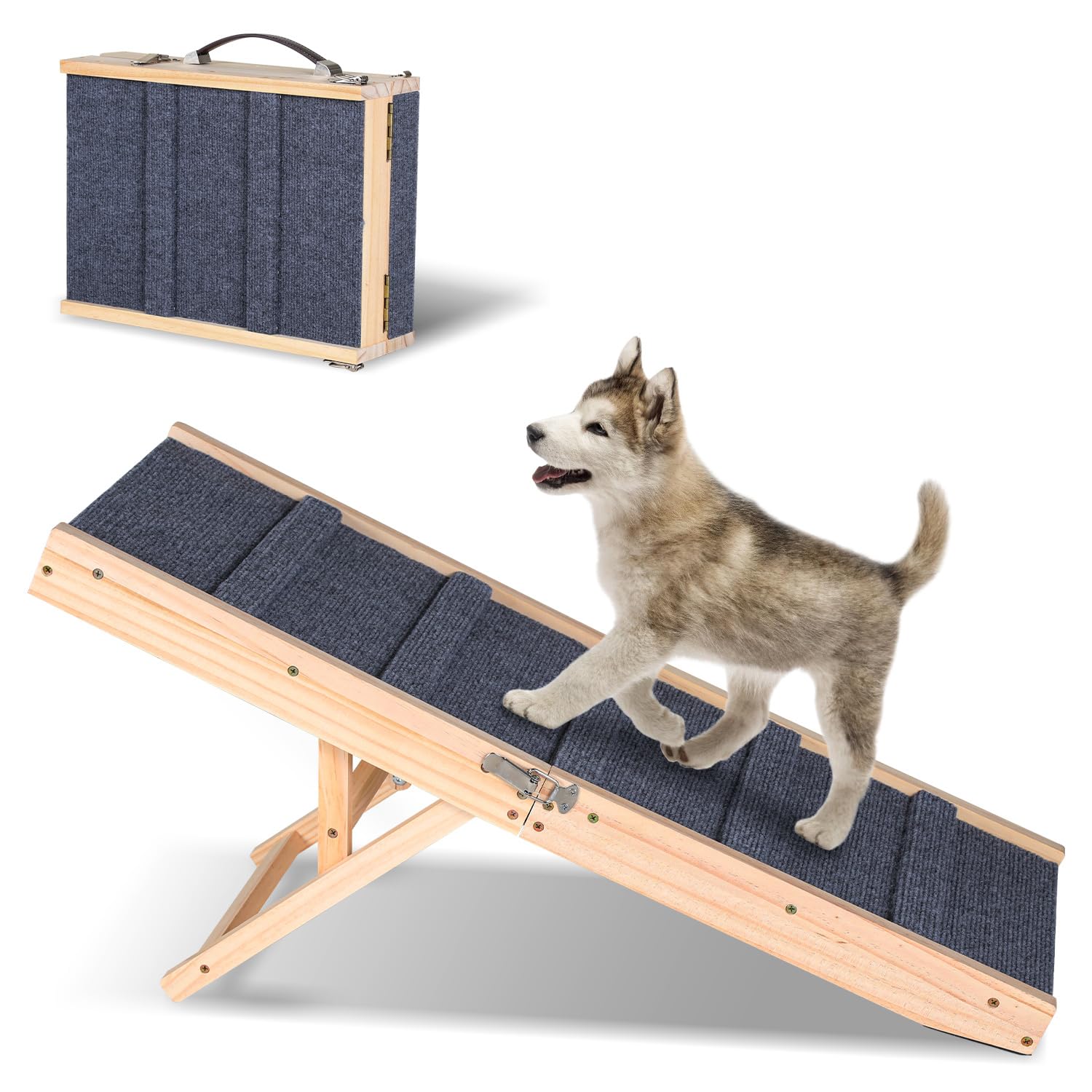 Rampa para perros ajustable en 4 posiciones, 83 x 30 cm, plegable, 25 kg | Madera de pino, sofá cama, doble cierre, bit 25 kg, antideslizante, 5 travesaños, escalera para perros, gatos
