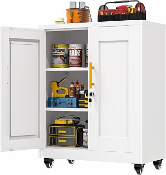 GAIOUS Metal Storage Cabinet with Lock and Wheels, Steel Office Cabinet with 2 Door and 2 Adjustable Shelves, 35 Tall Lockable File Cabinet, Garage Cabinet, Rolling Cabinet for Home Office - White